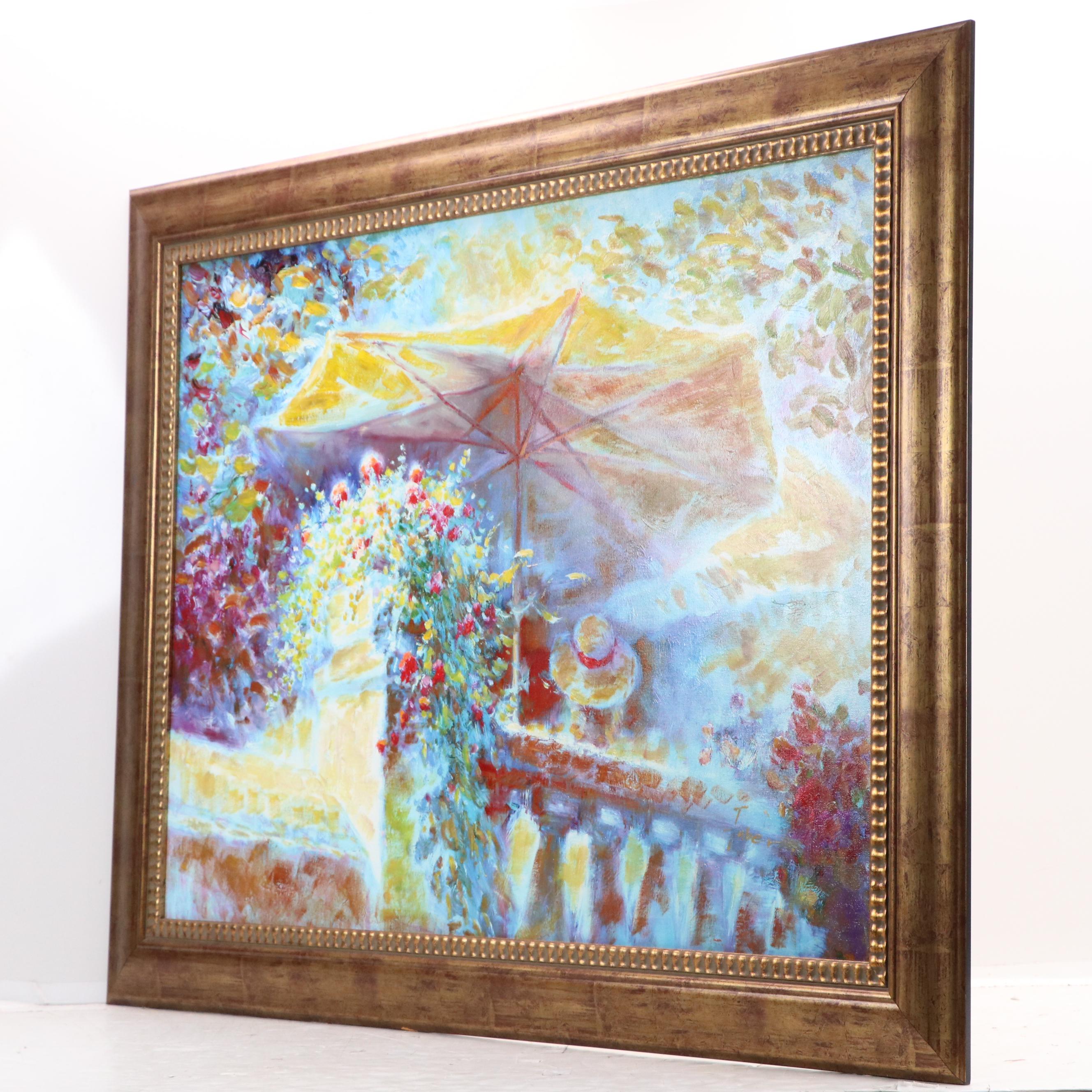 T. Tabee Fauvist Inspired Oil Painting of Floral Scene with Umbrella