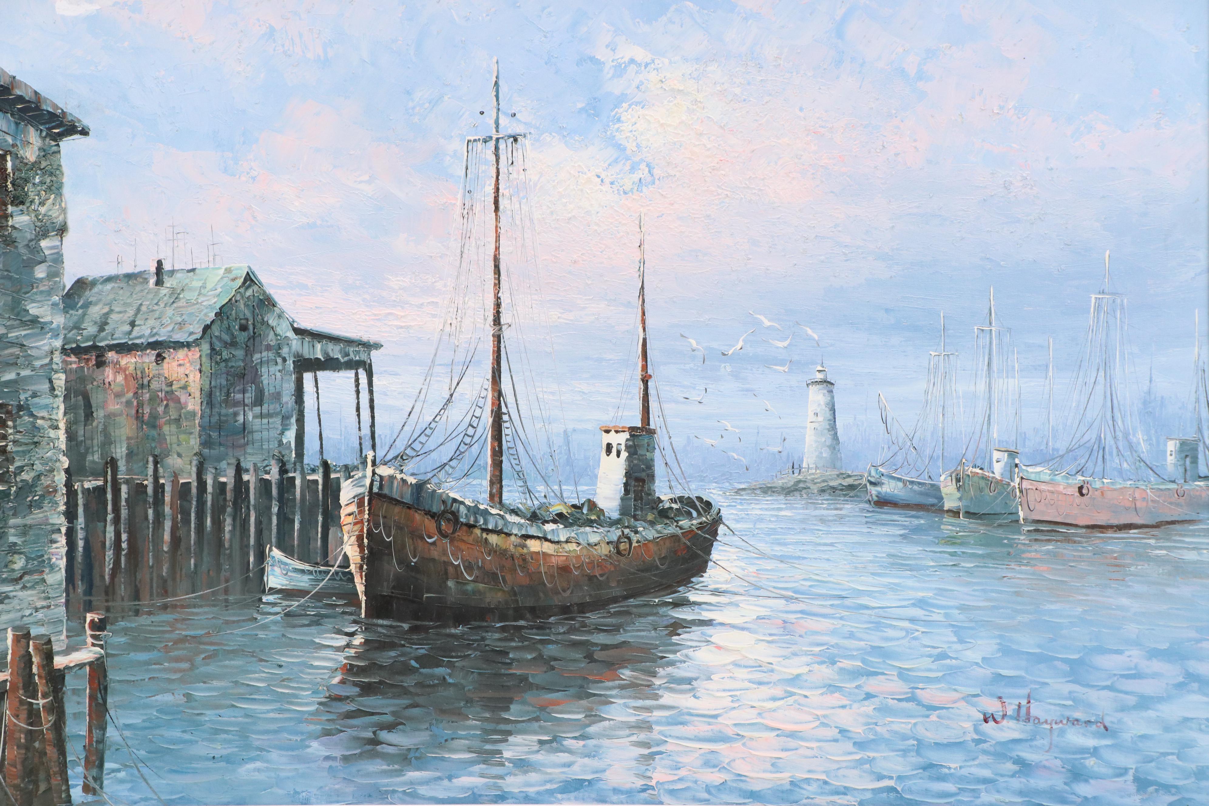 W. Hayward Impasto Oil Painting of Maritime Scene with Fishing Boats