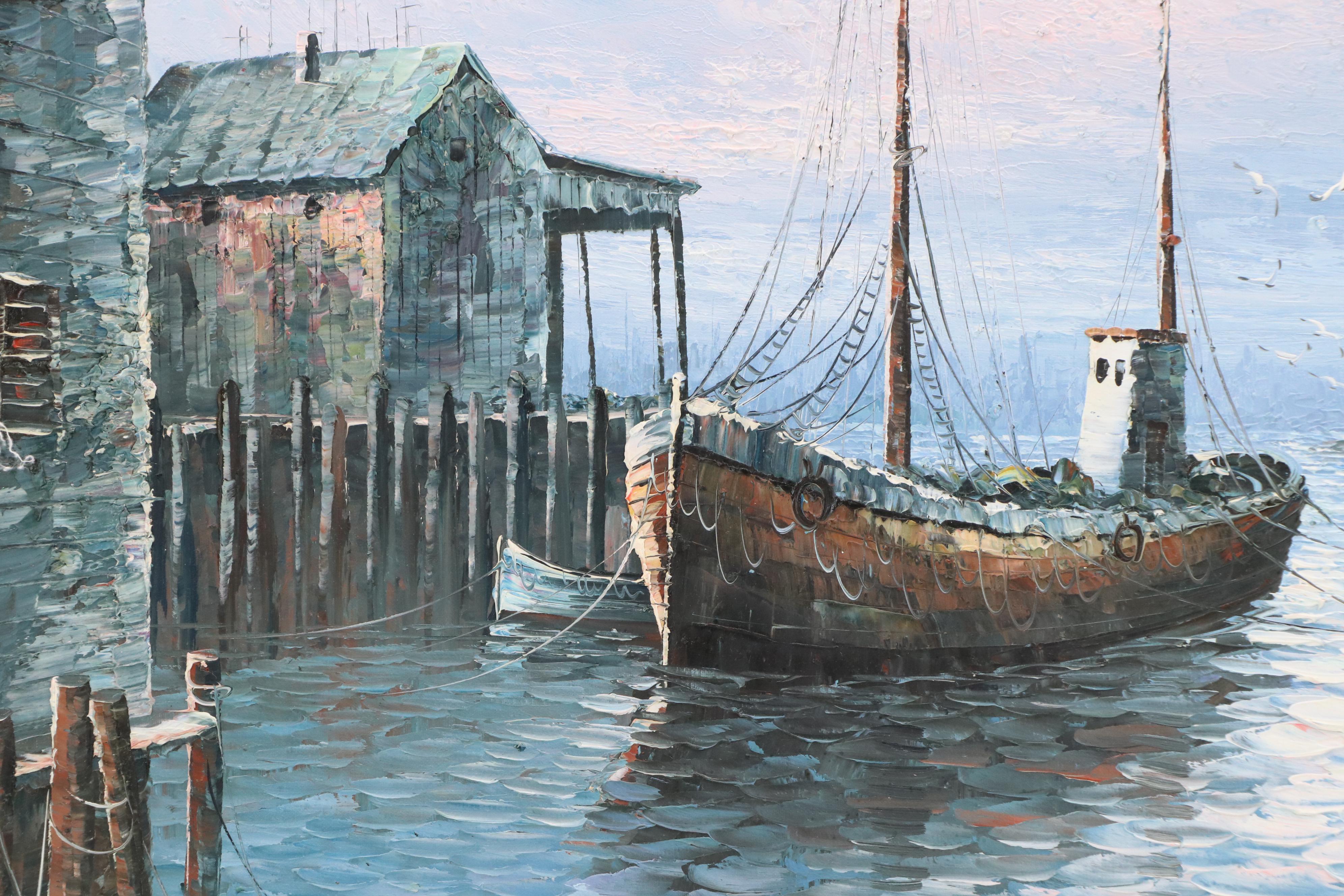 W. Hayward Impasto Oil Painting of Maritime Scene with Fishing Boats