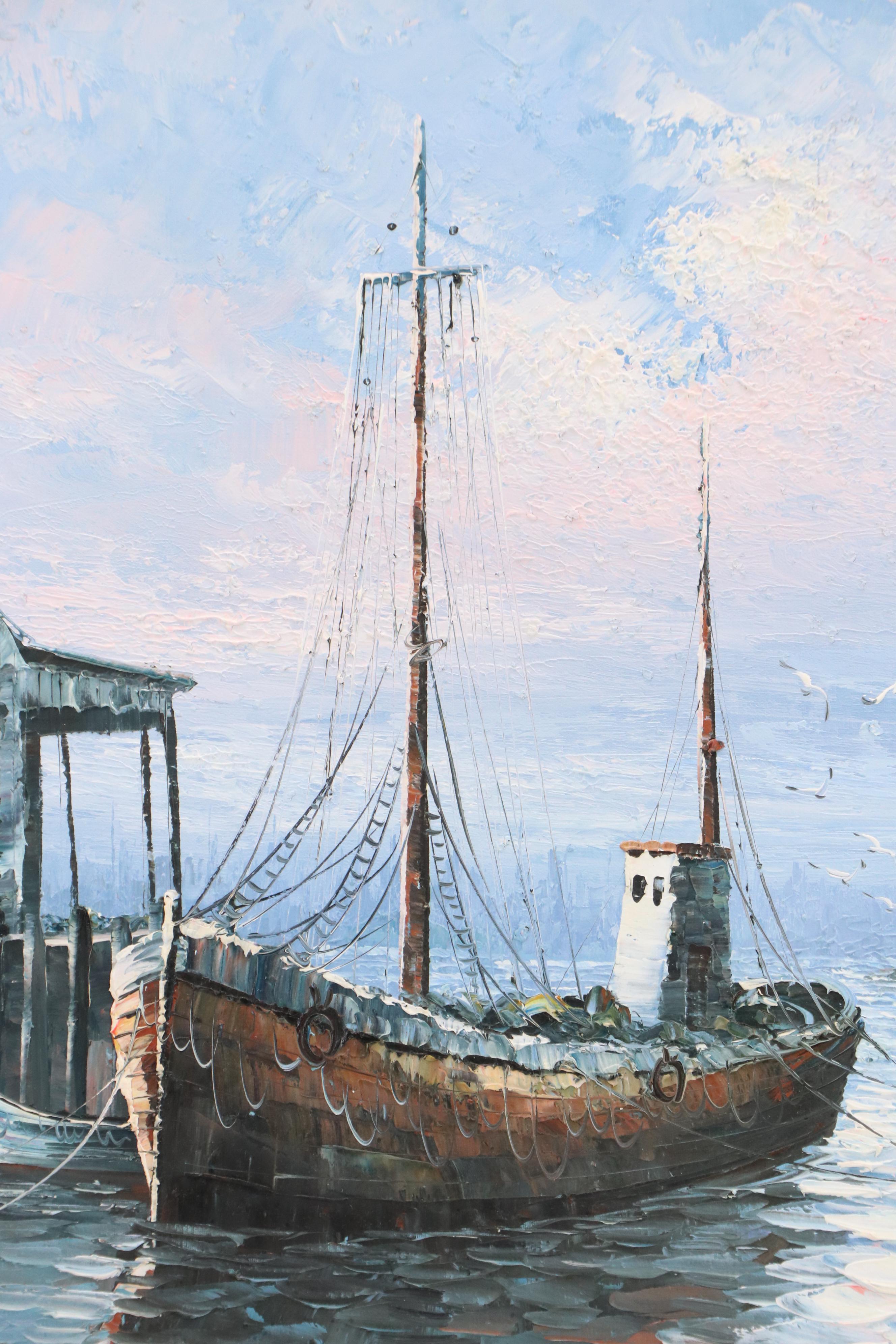 W. Hayward Impasto Oil Painting of Maritime Scene with Fishing Boats