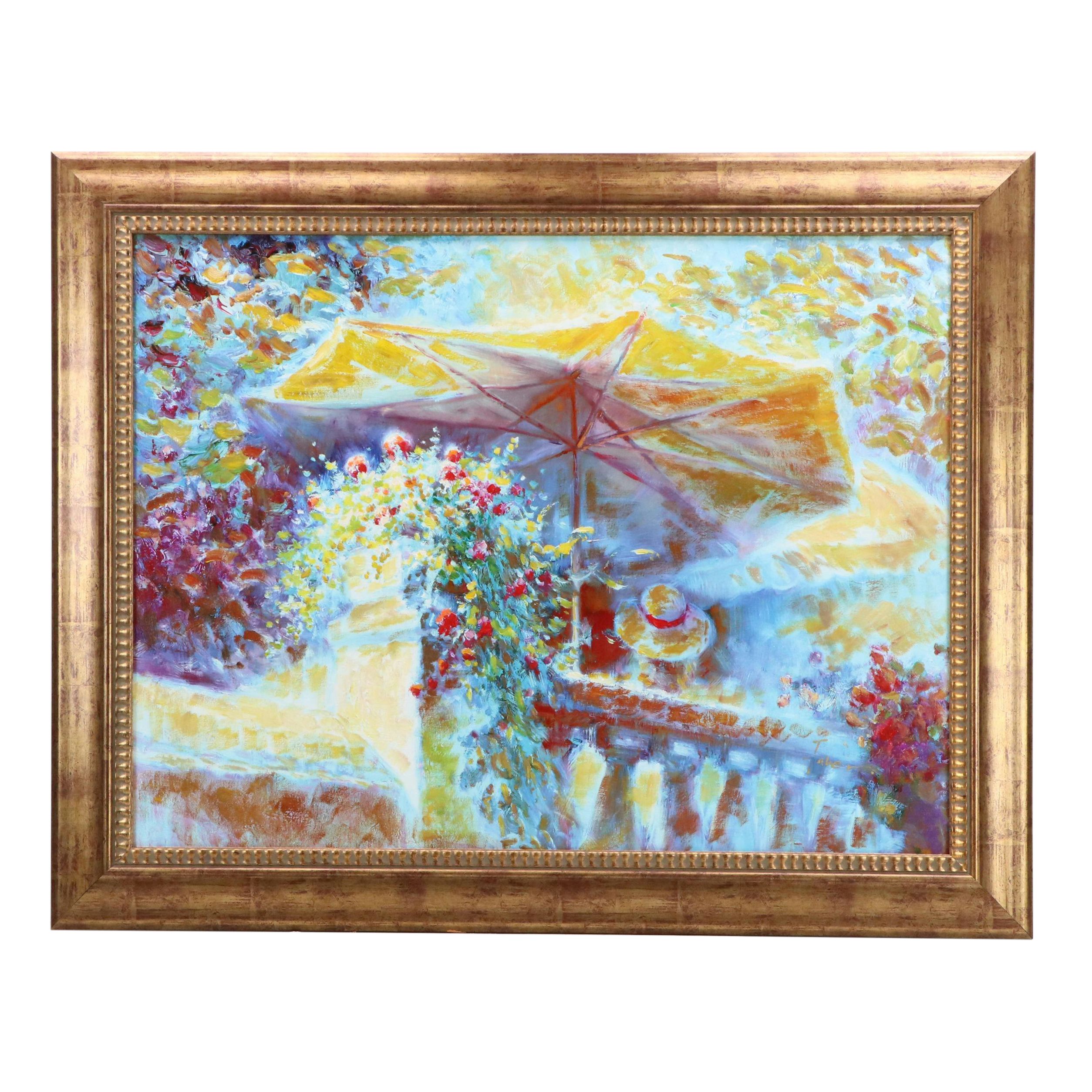 T. Tabee Fauvist Inspired Oil Painting of Floral Scene with Umbrella