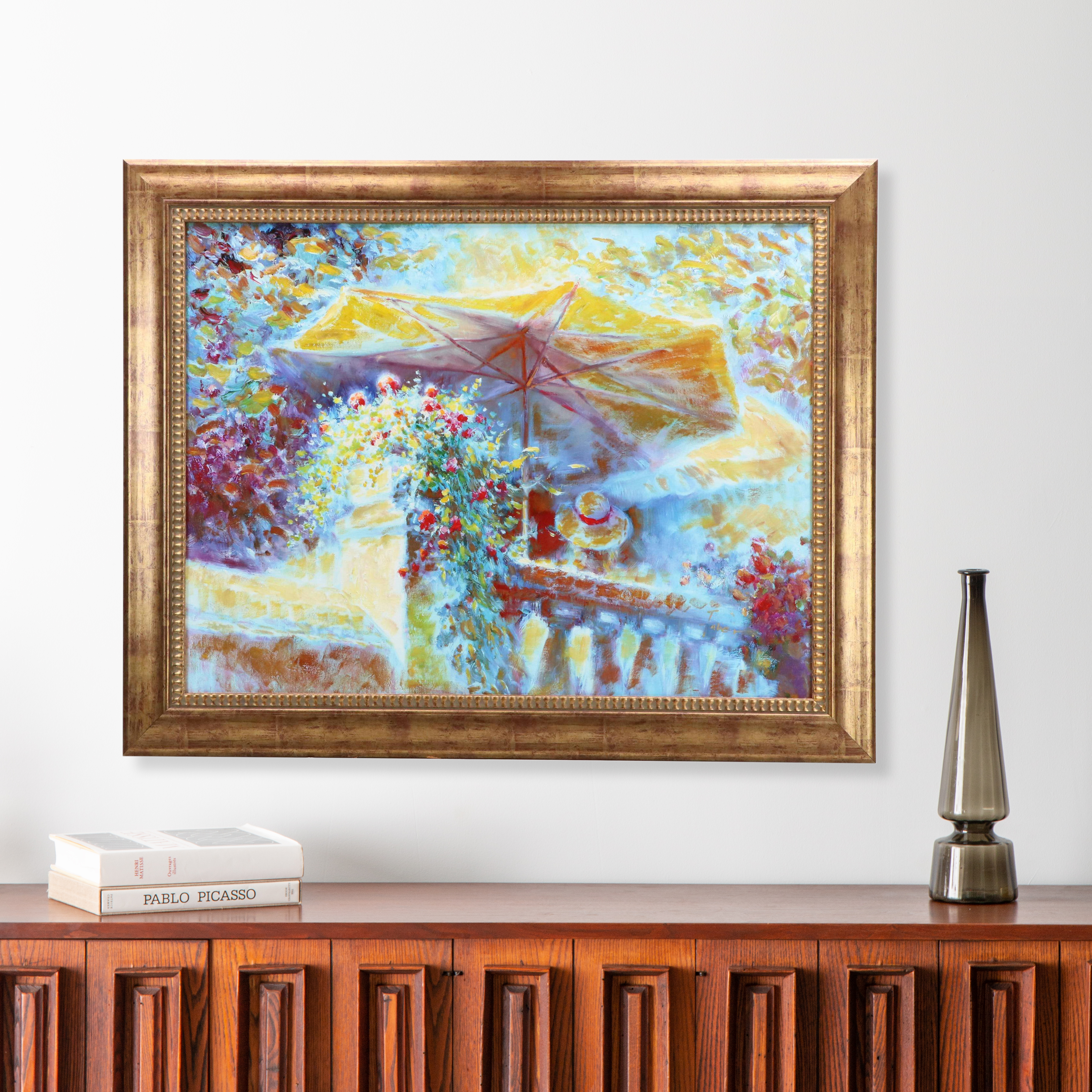 T. Tabee Fauvist Inspired Oil Painting of Floral Scene with Umbrella