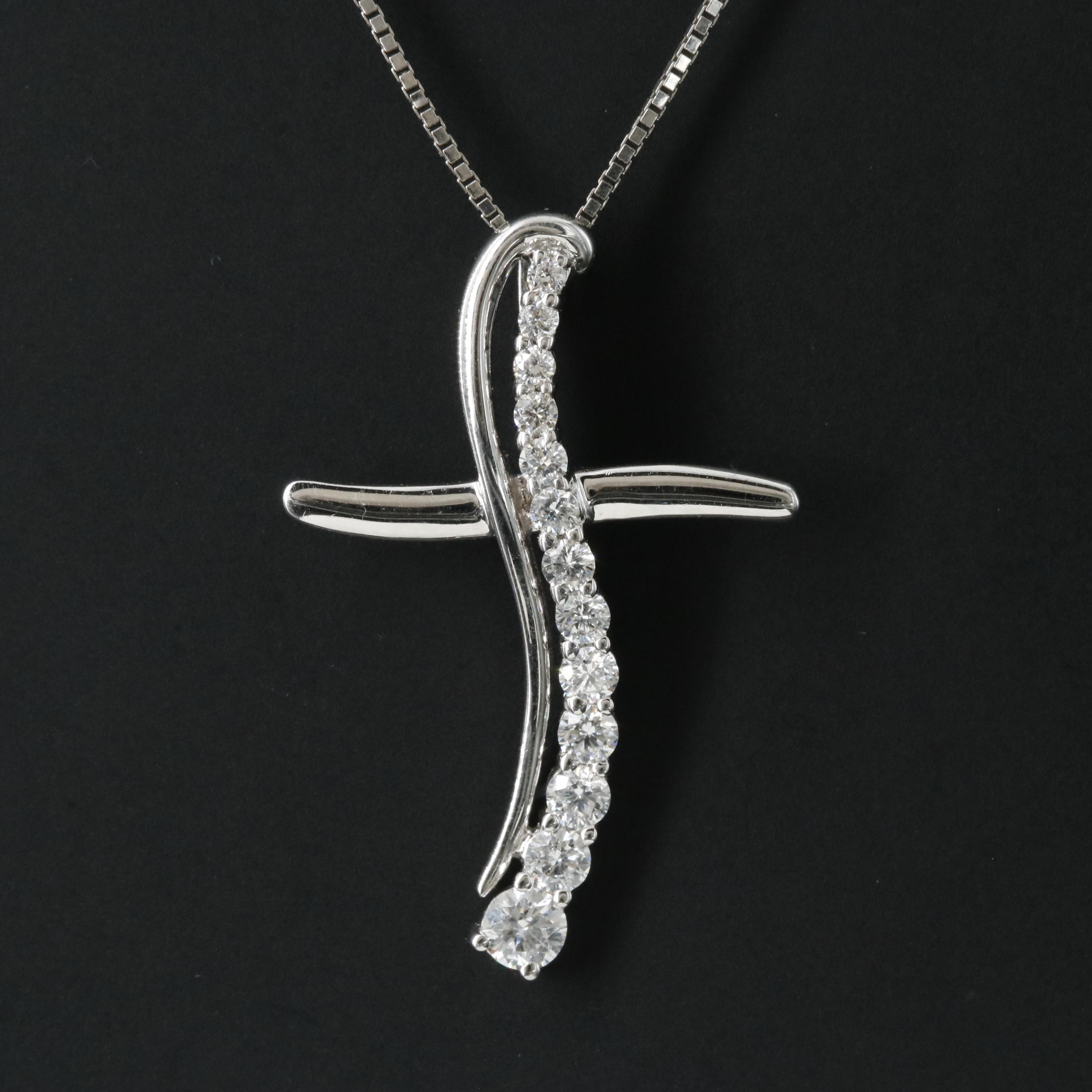 18K 0.50 CTW Diamond Cross Pendant on 10K Box Chain Necklace
