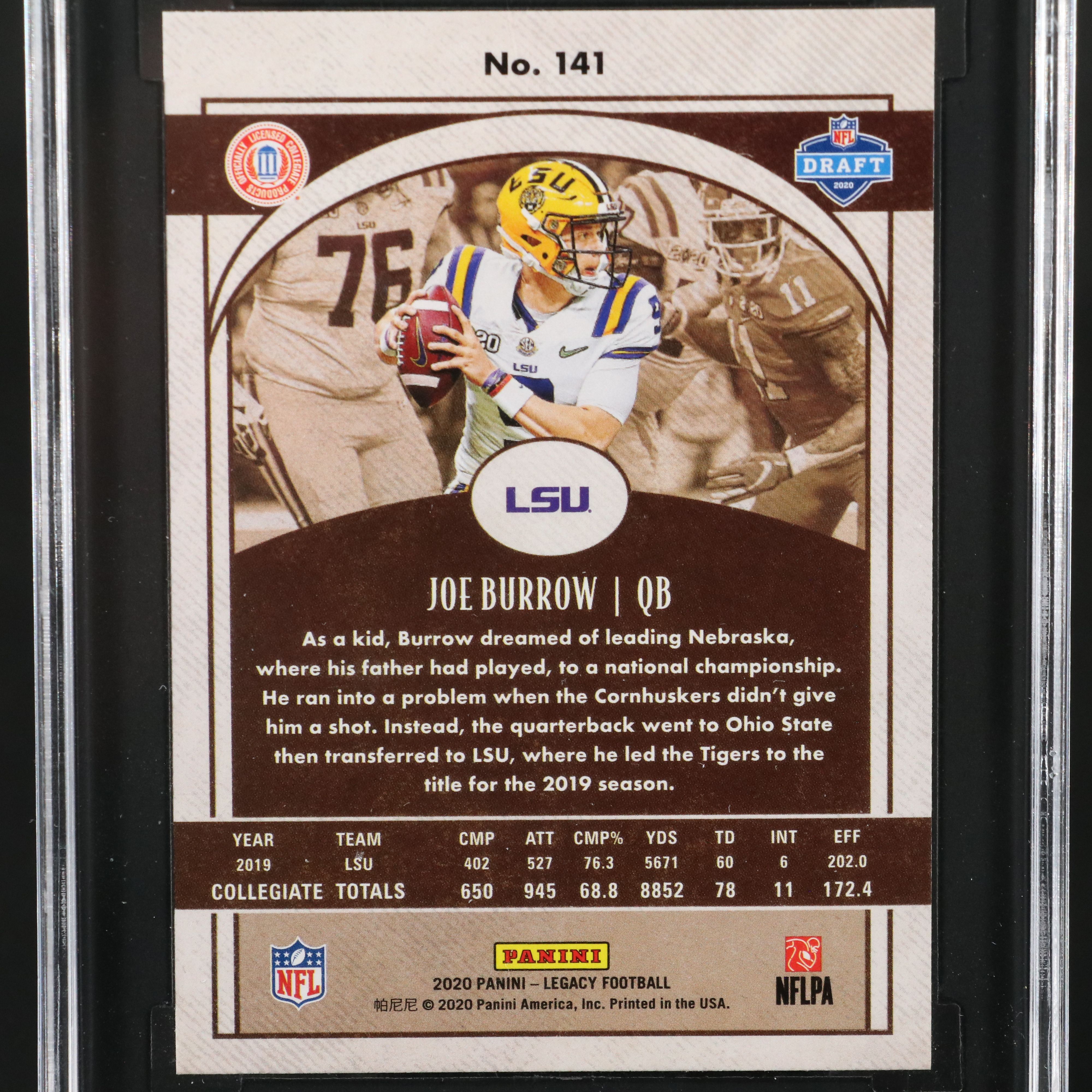 2020 Panini Legacy Joe Burrow Rookie Football Card Graded SGC 10