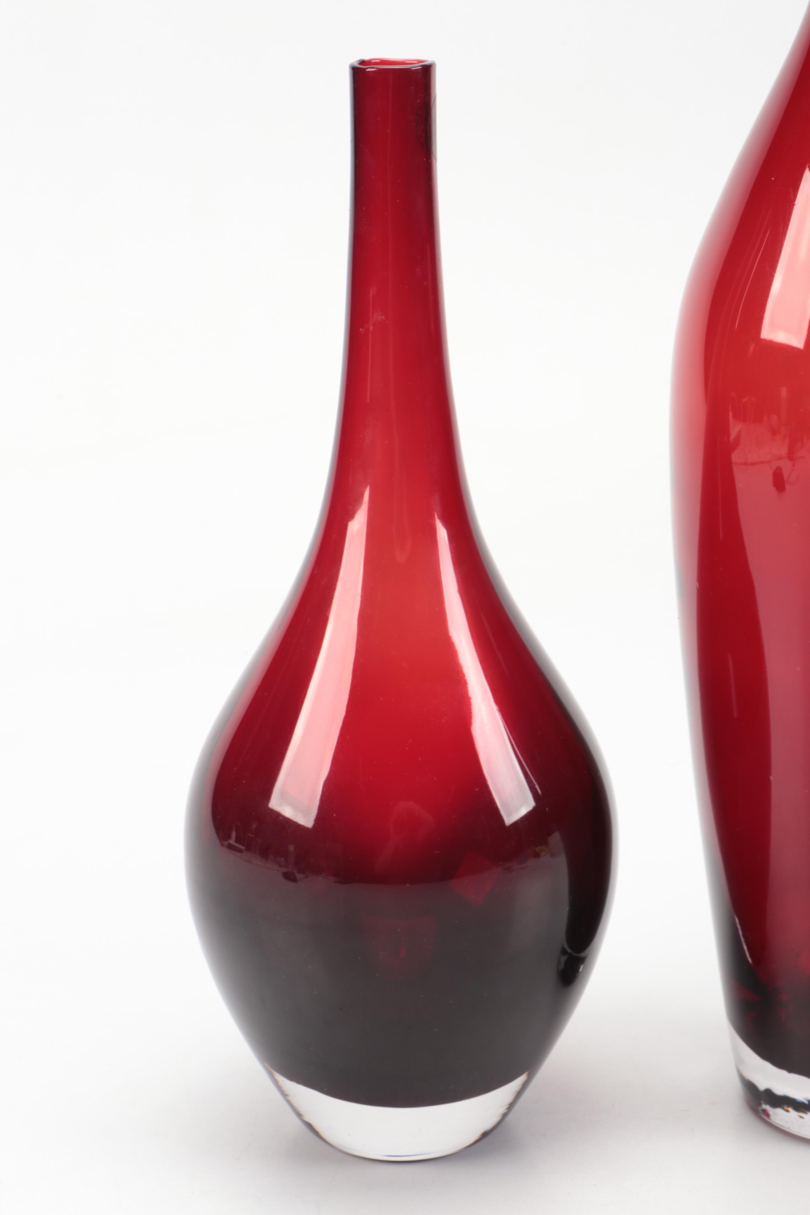 Mid Century Modern Style Red Handblown Glass Vases