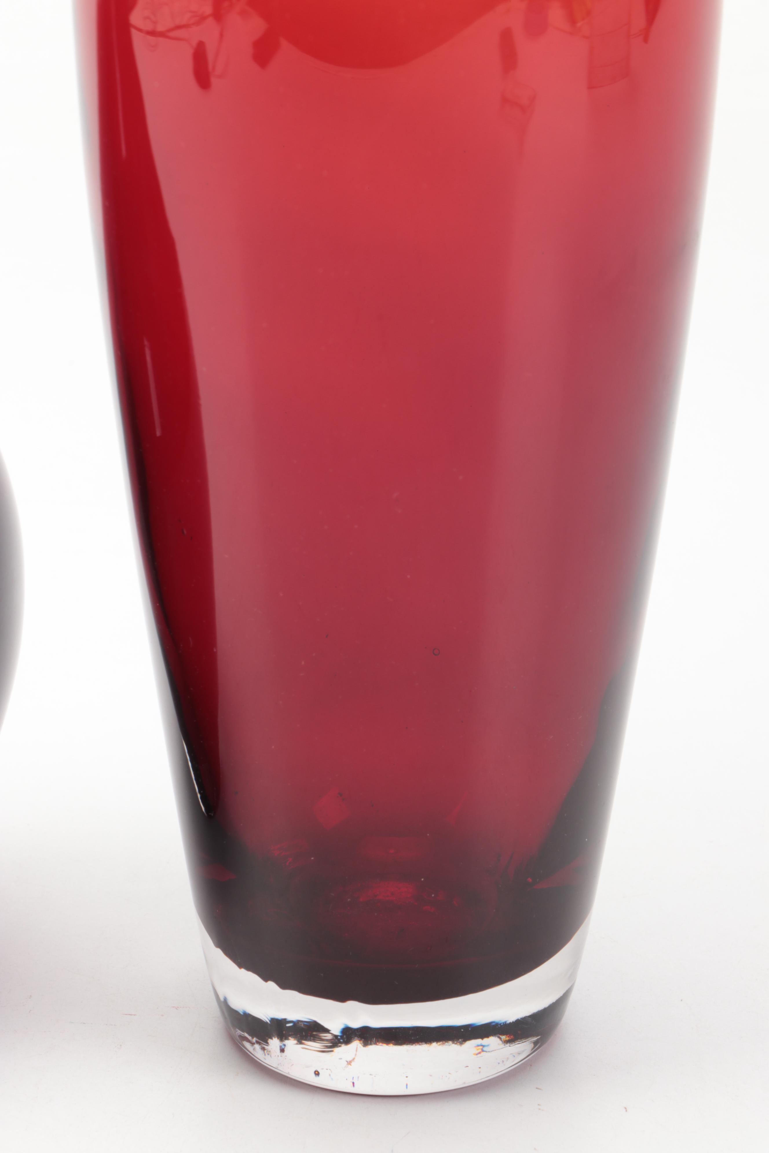 Mid Century Modern Style Red Handblown Glass Vases
