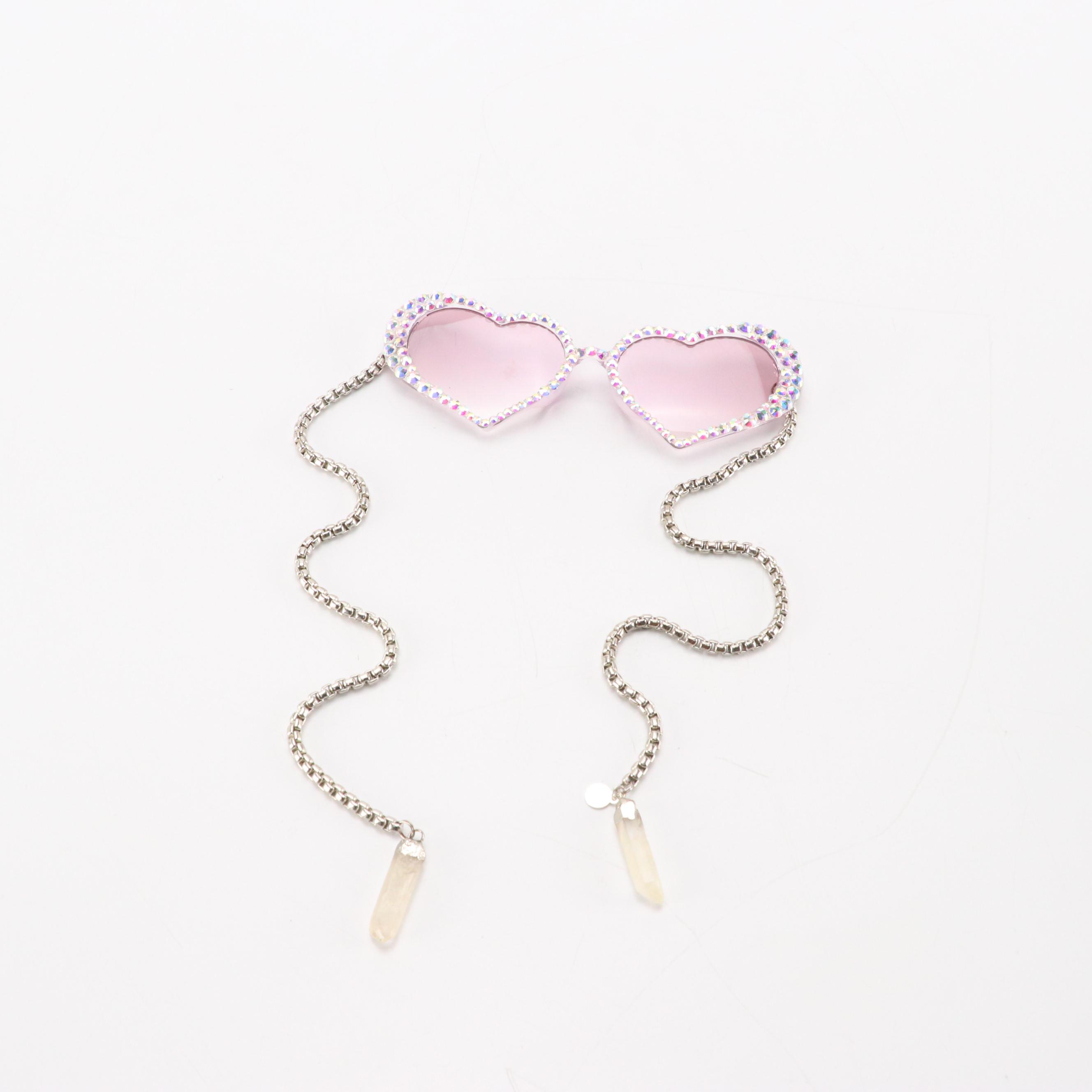 My Willows Rhinestone Heart and Oversized Square Chain & Crystal Sunglasses