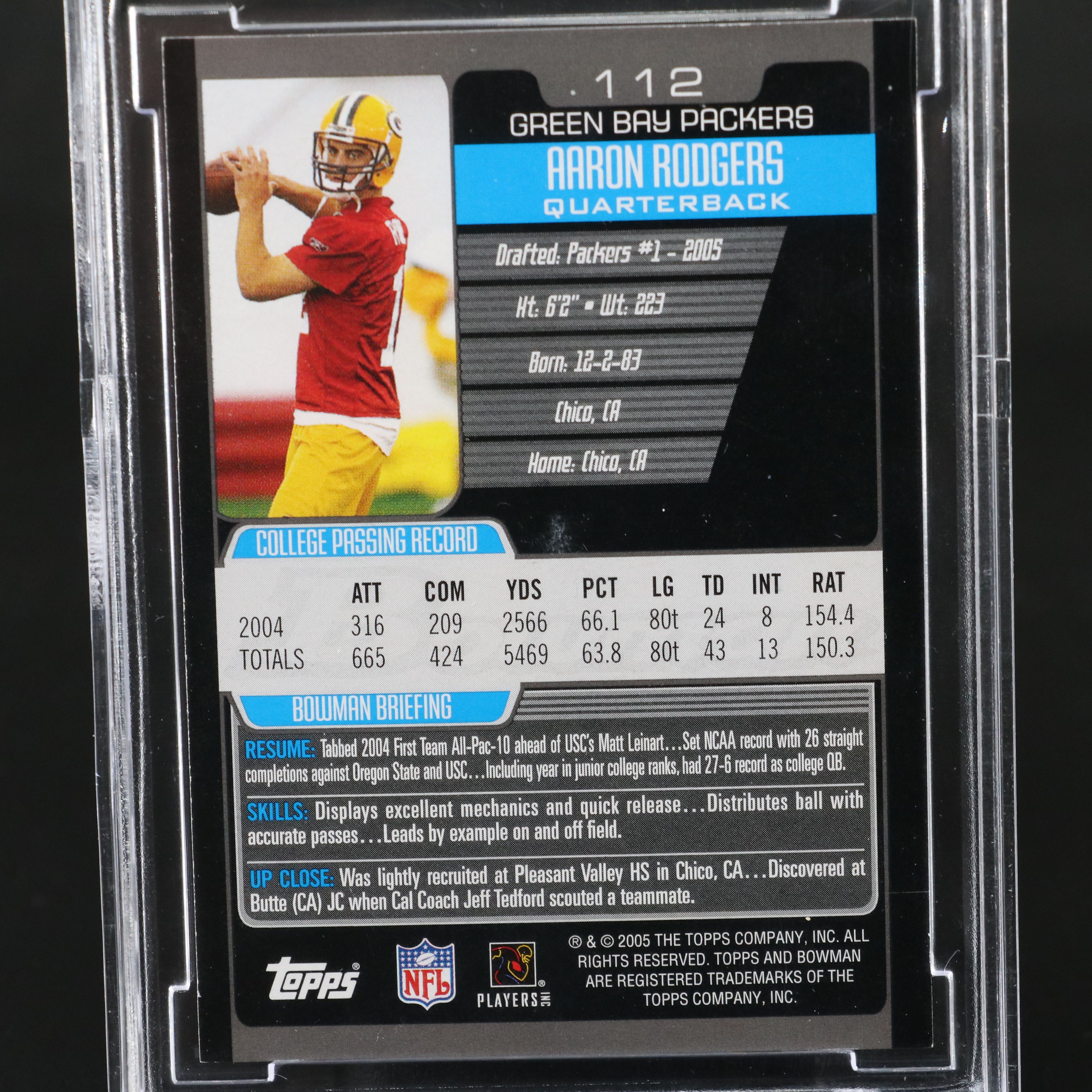 2005 Bowman Aaron Rodgers Green Bay Packers Rookie Card Graded BCCG 10