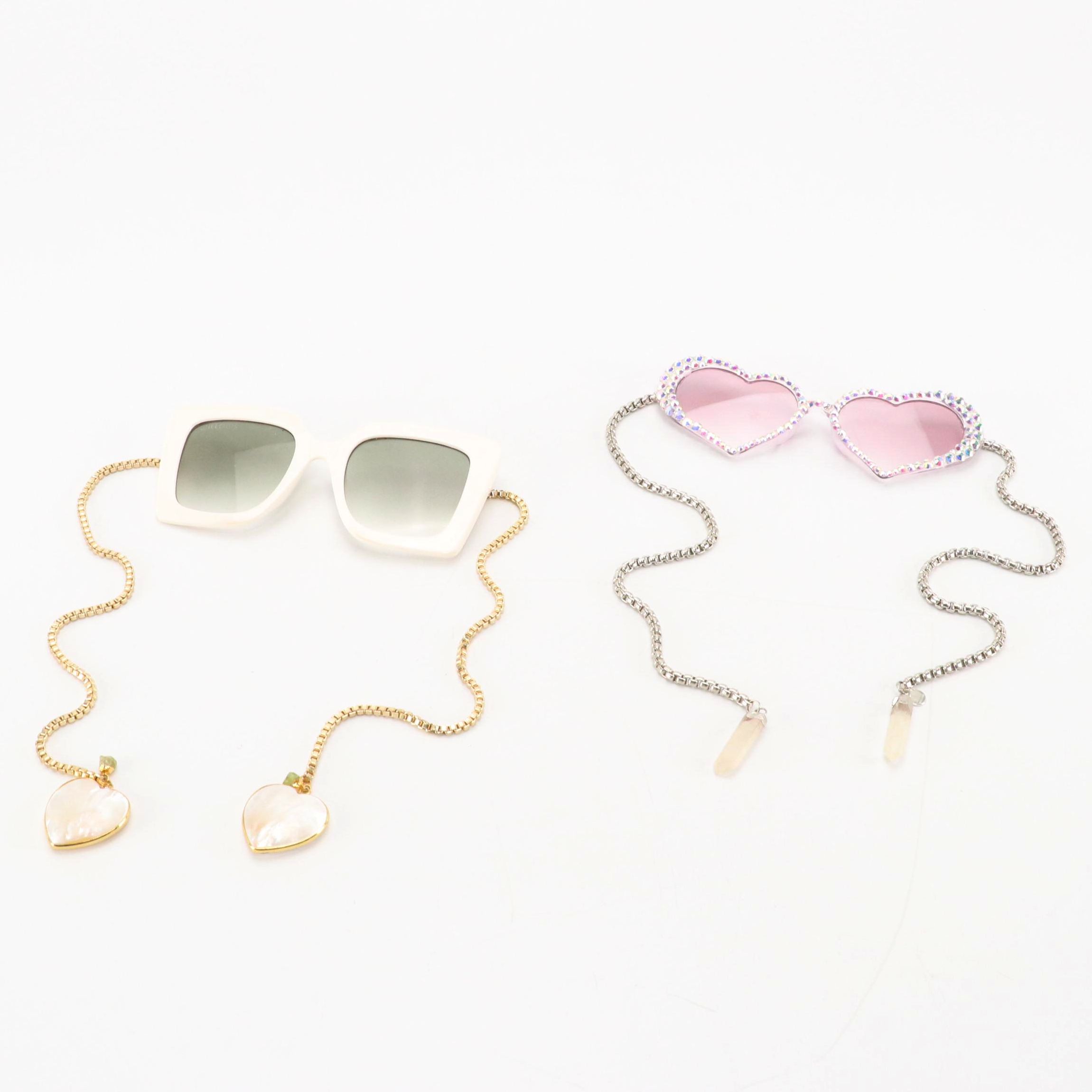 My Willows Rhinestone Heart and Oversized Square Chain & Crystal Sunglasses