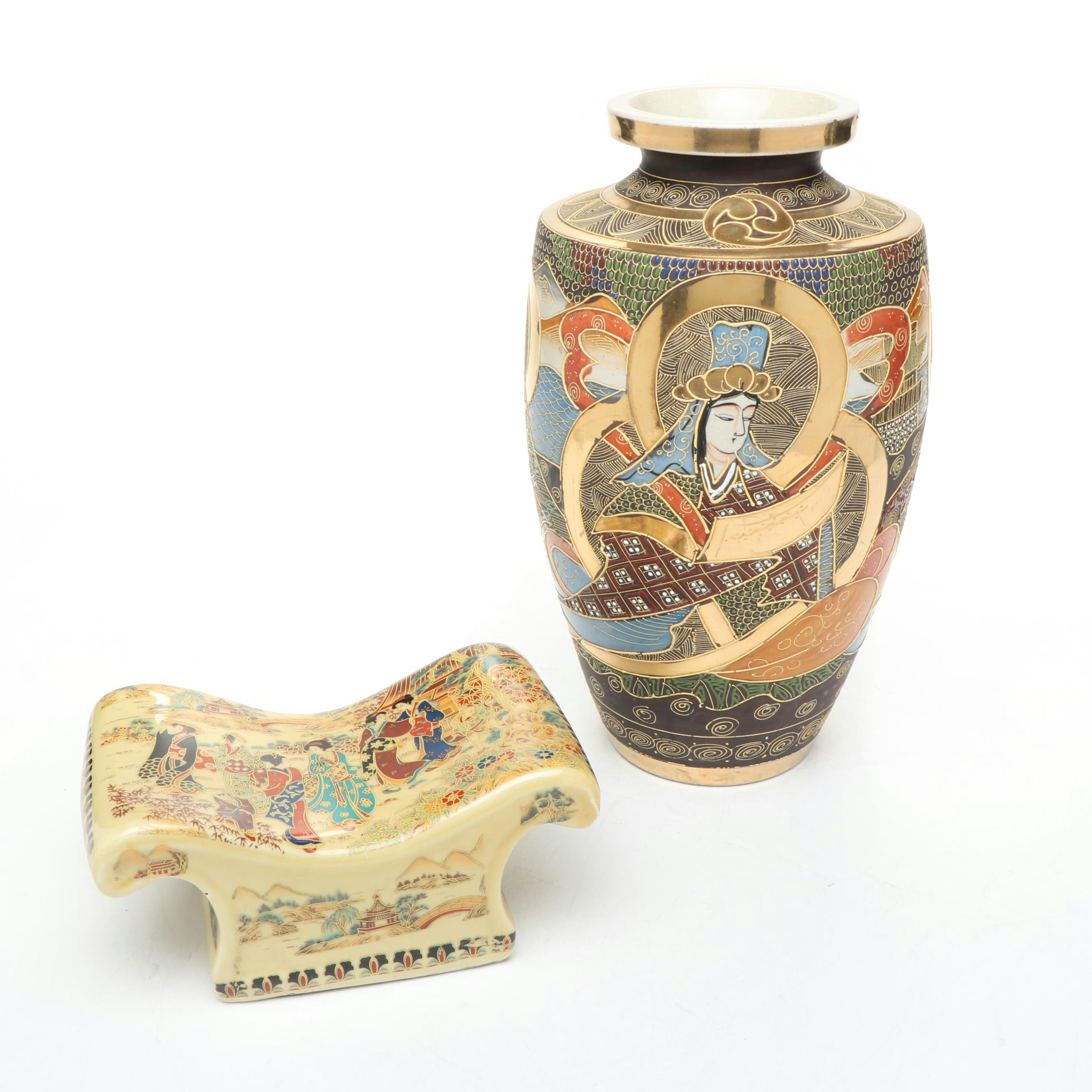 Japanese Moriage Ceramic Vase with Porcelain Opium Pillow