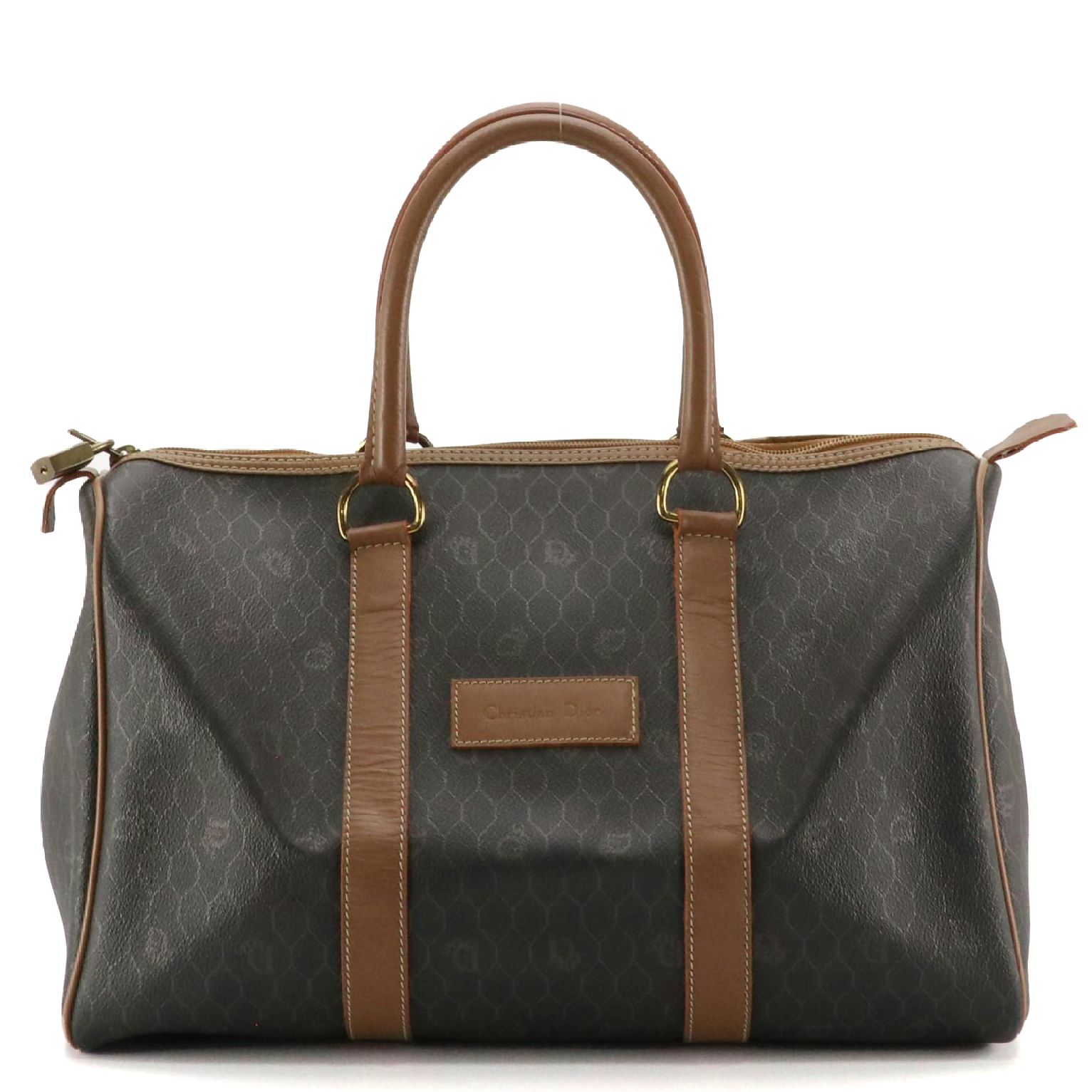 Christian Dior Boston Bag in Honeycomb Canvas and Brown Leather Trim