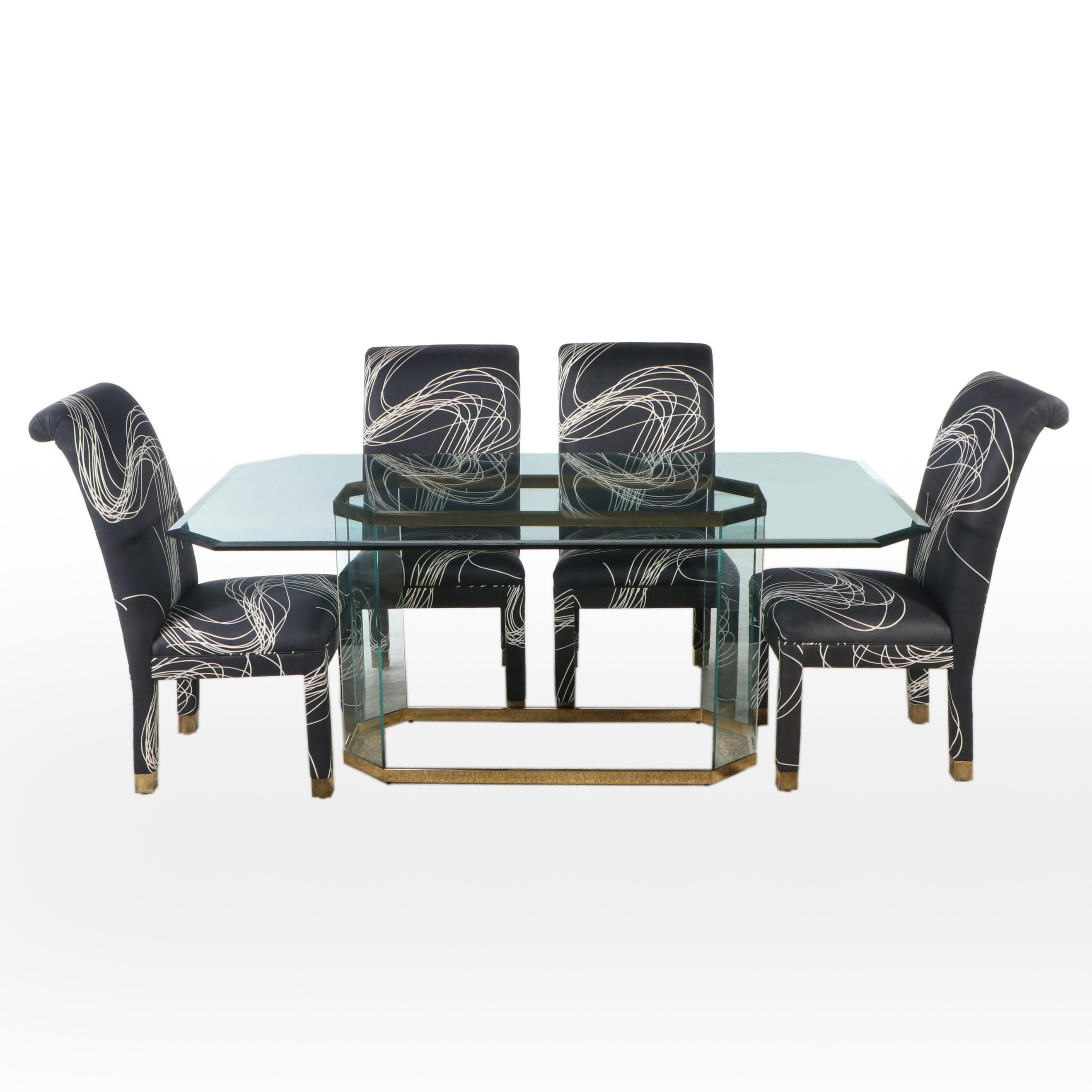 Five Piece Postmodern Dining Set with Glass Table and Scrolled Back Chairs