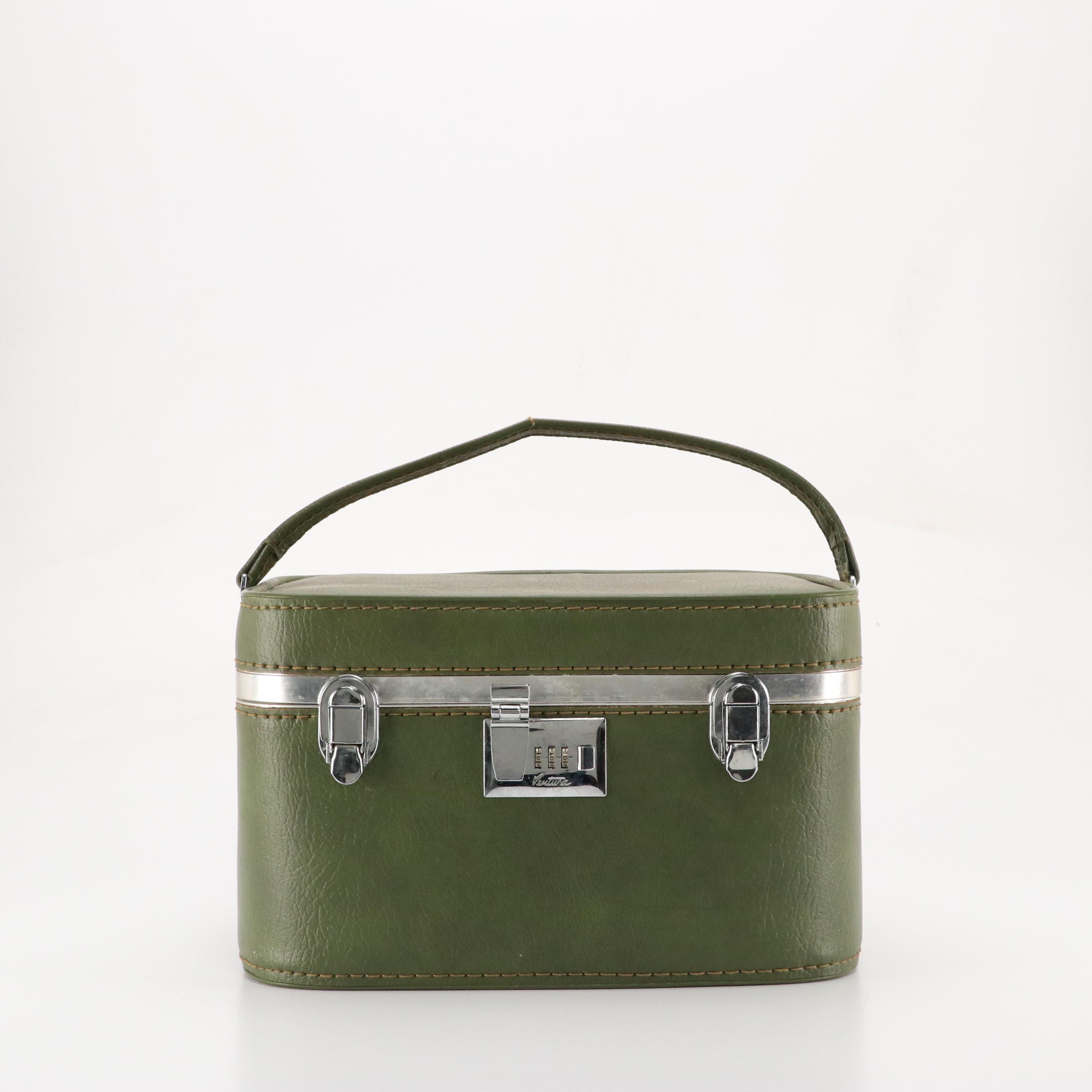 Vintage Ventura Travelware Locking Cosmetic & Travel Bags in Green Leather