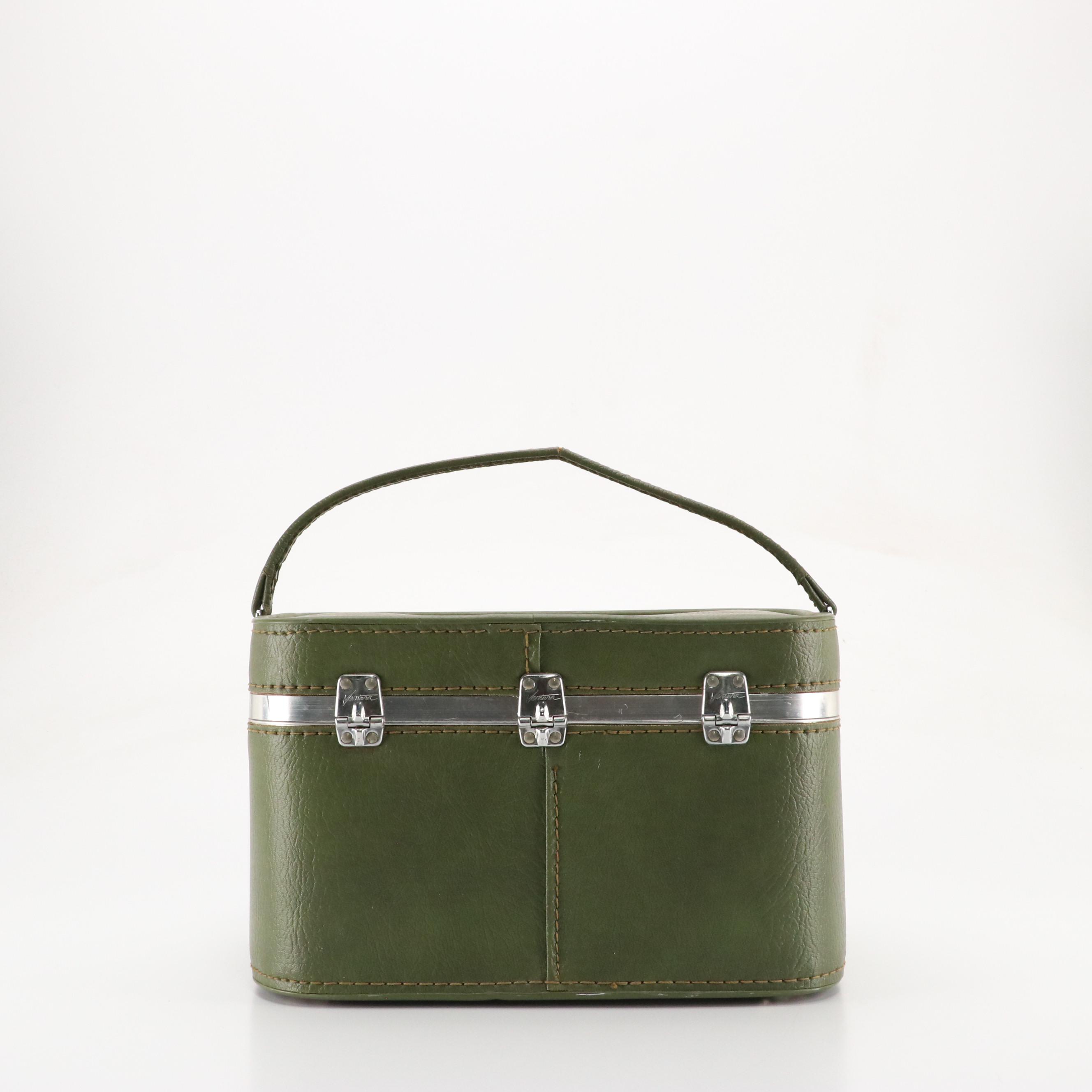 Vintage Ventura Travelware Locking Cosmetic & Travel Bags in Green Leather