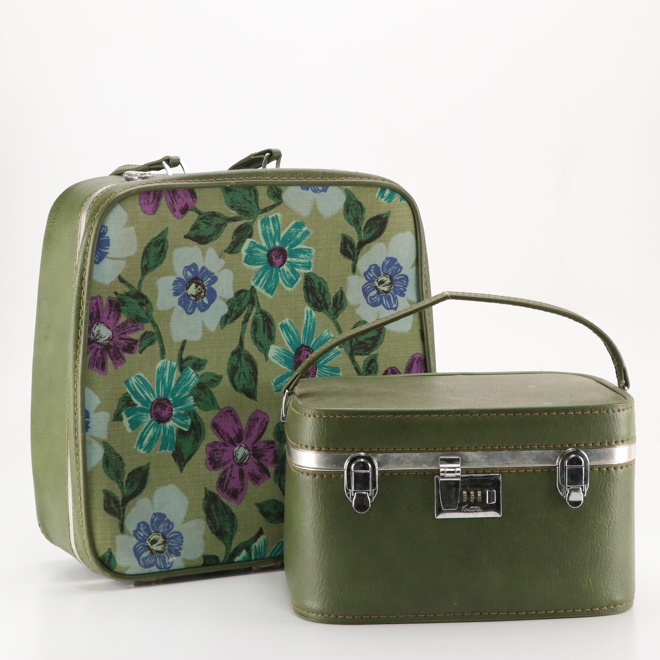 Vintage Ventura Travelware Locking Cosmetic & Travel Bags in Green Leather