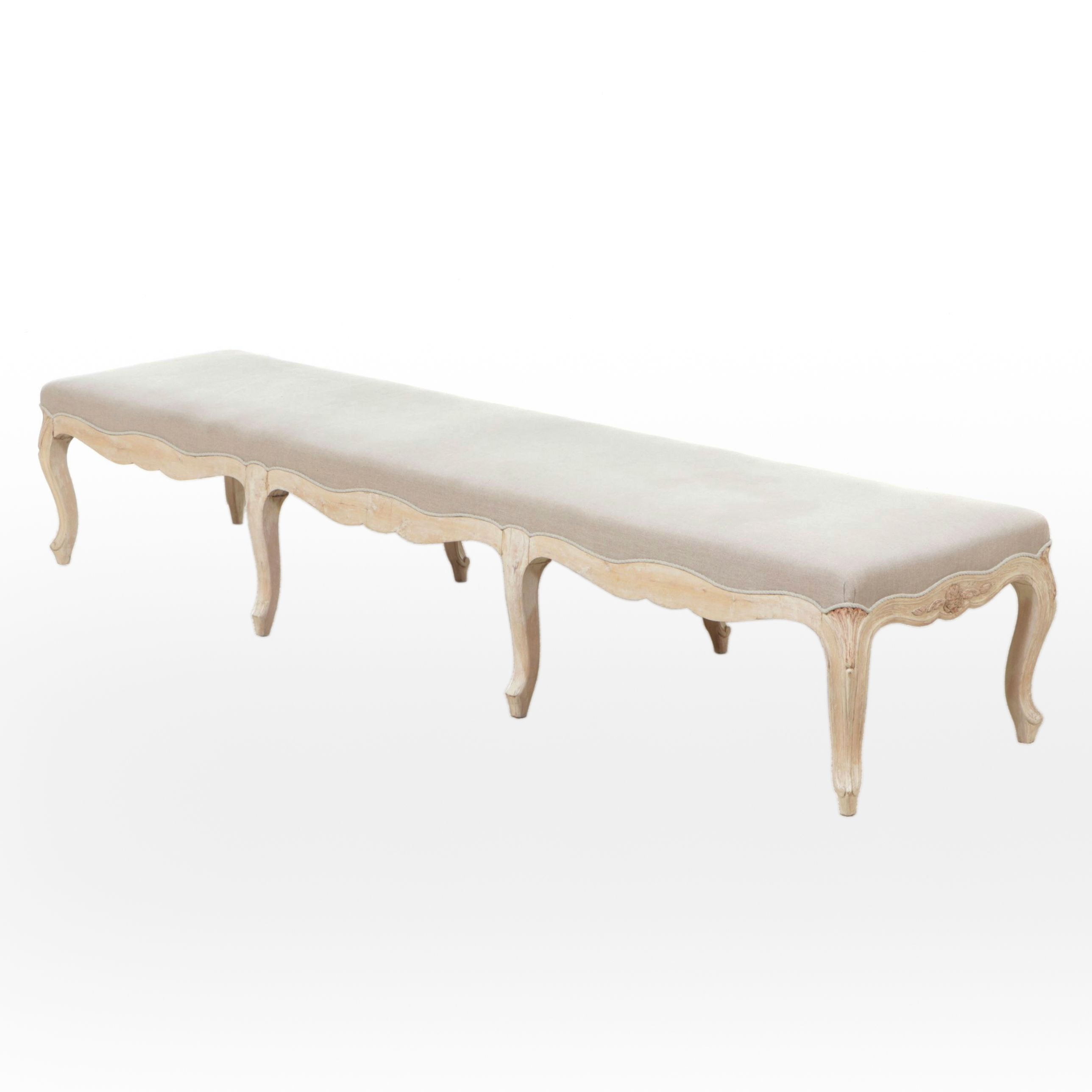 Swedish Gustavian Style Bench-Made Carved Wood and Upholstered Long Bench