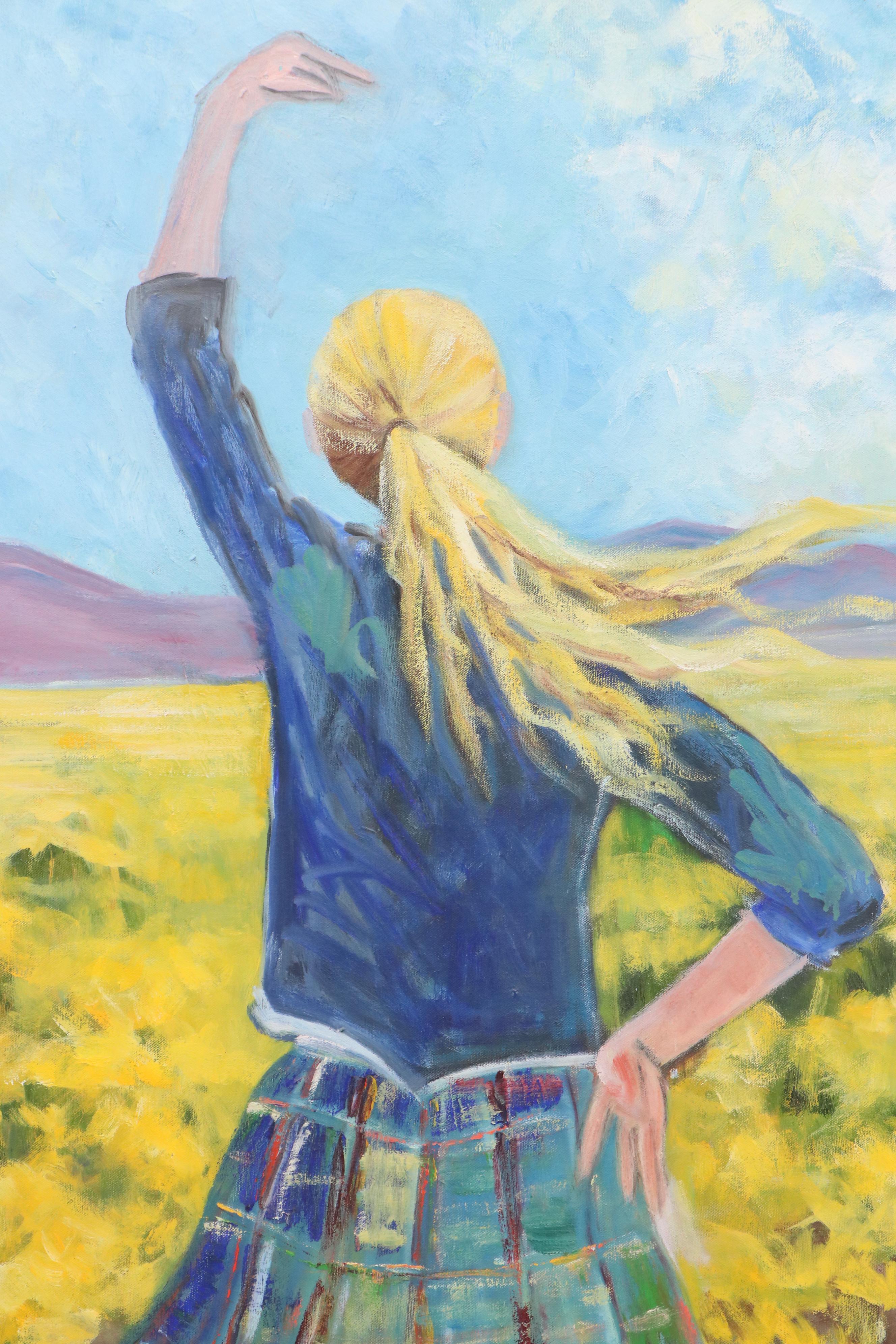 S. Day Oil Painting of Girl in Field of Yellow Flowers, Late 20th/21st Century