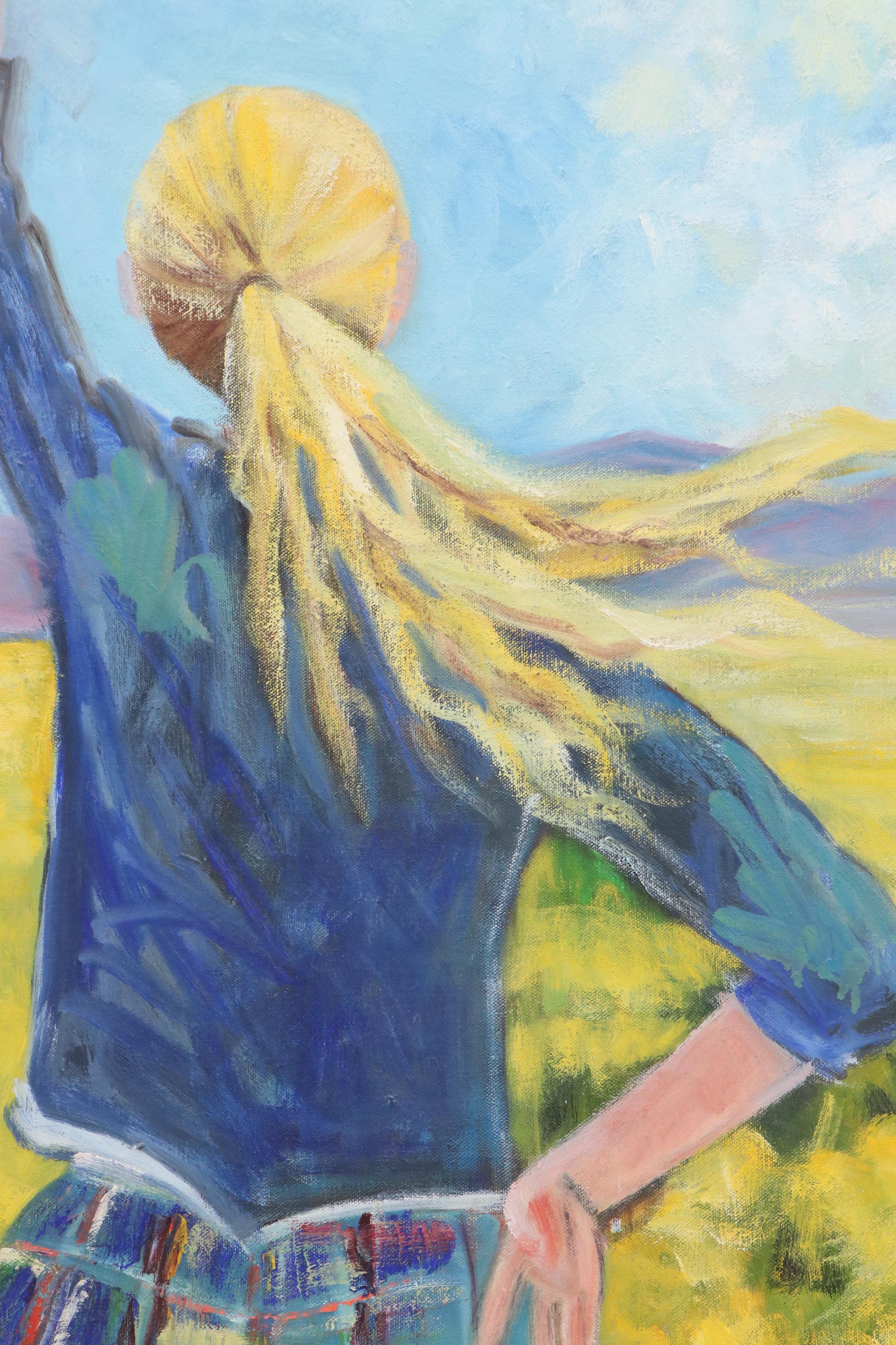 S. Day Oil Painting of Girl in Field of Yellow Flowers, Late 20th/21st Century