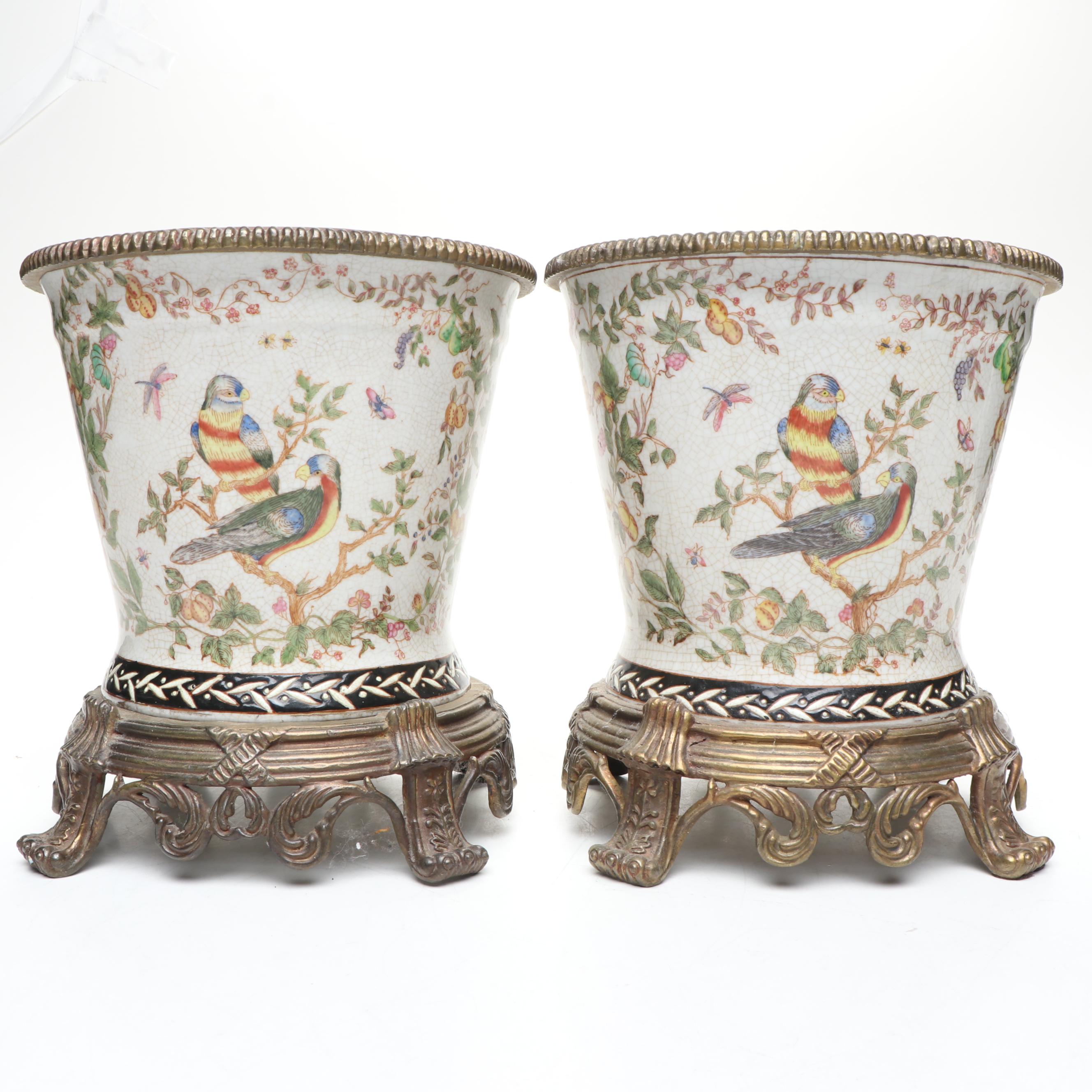 Chinese Ceramic Planters with Brass Rim and Stand