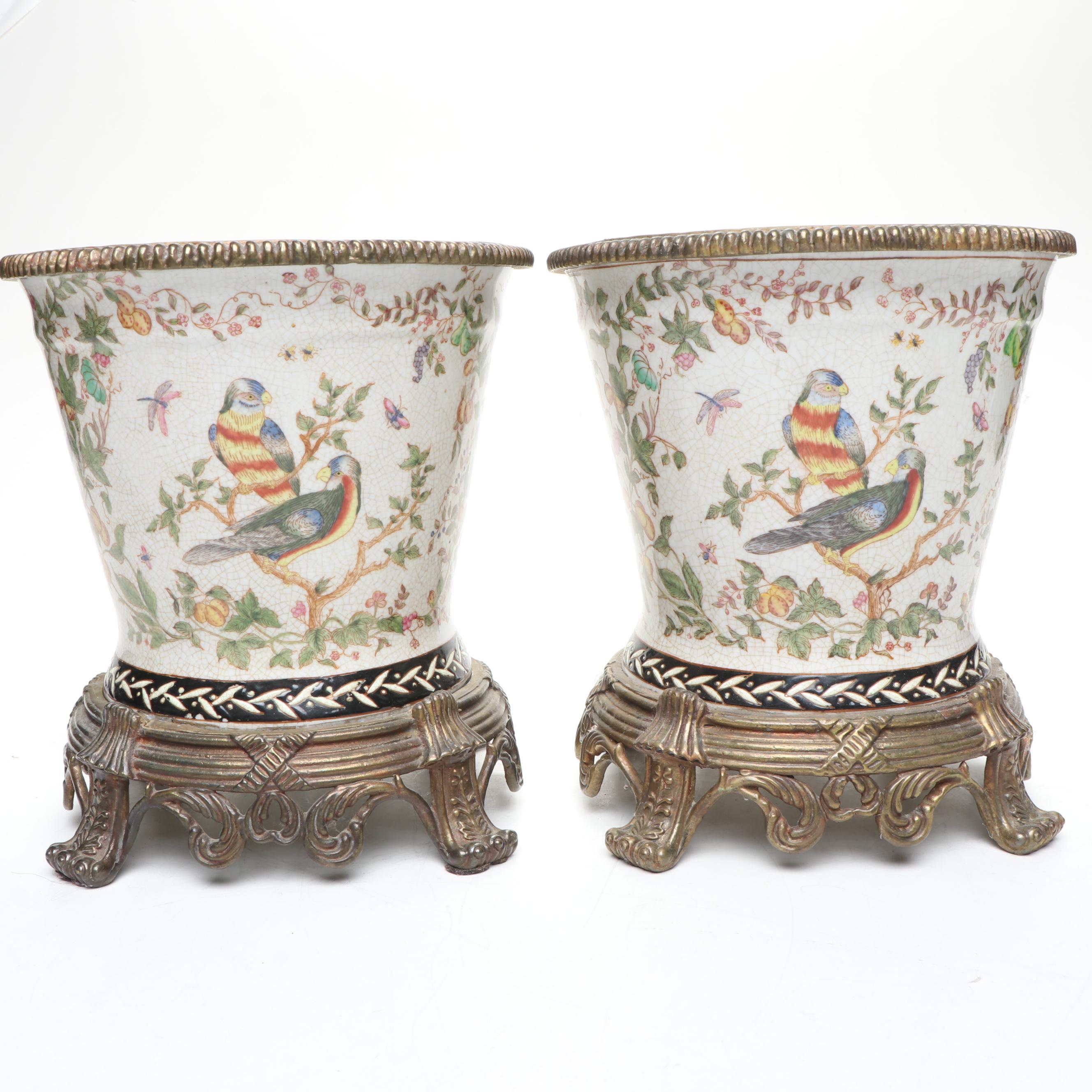 Chinese Ceramic Planters with Brass Rim and Stand