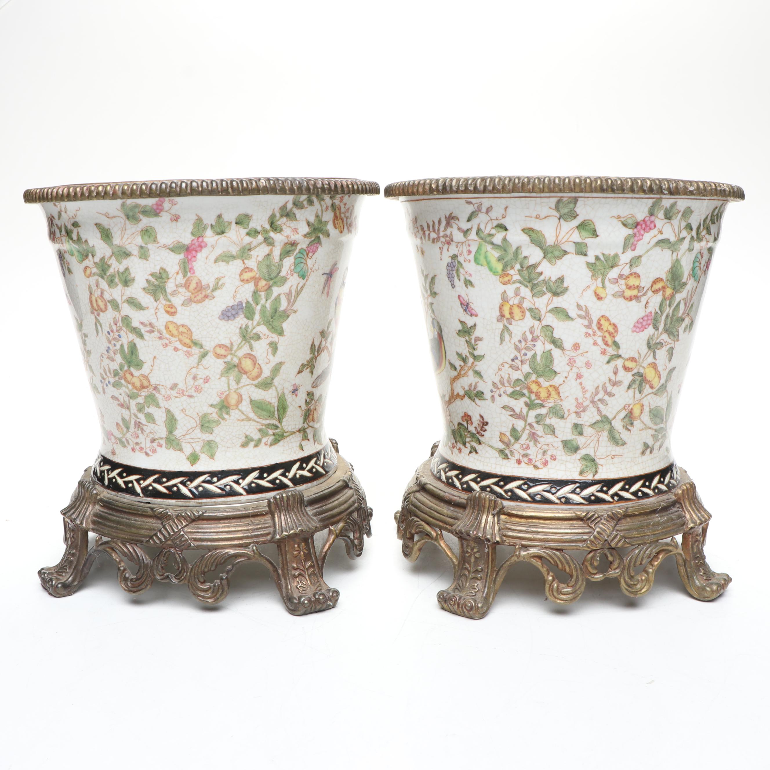 Chinese Ceramic Planters with Brass Rim and Stand