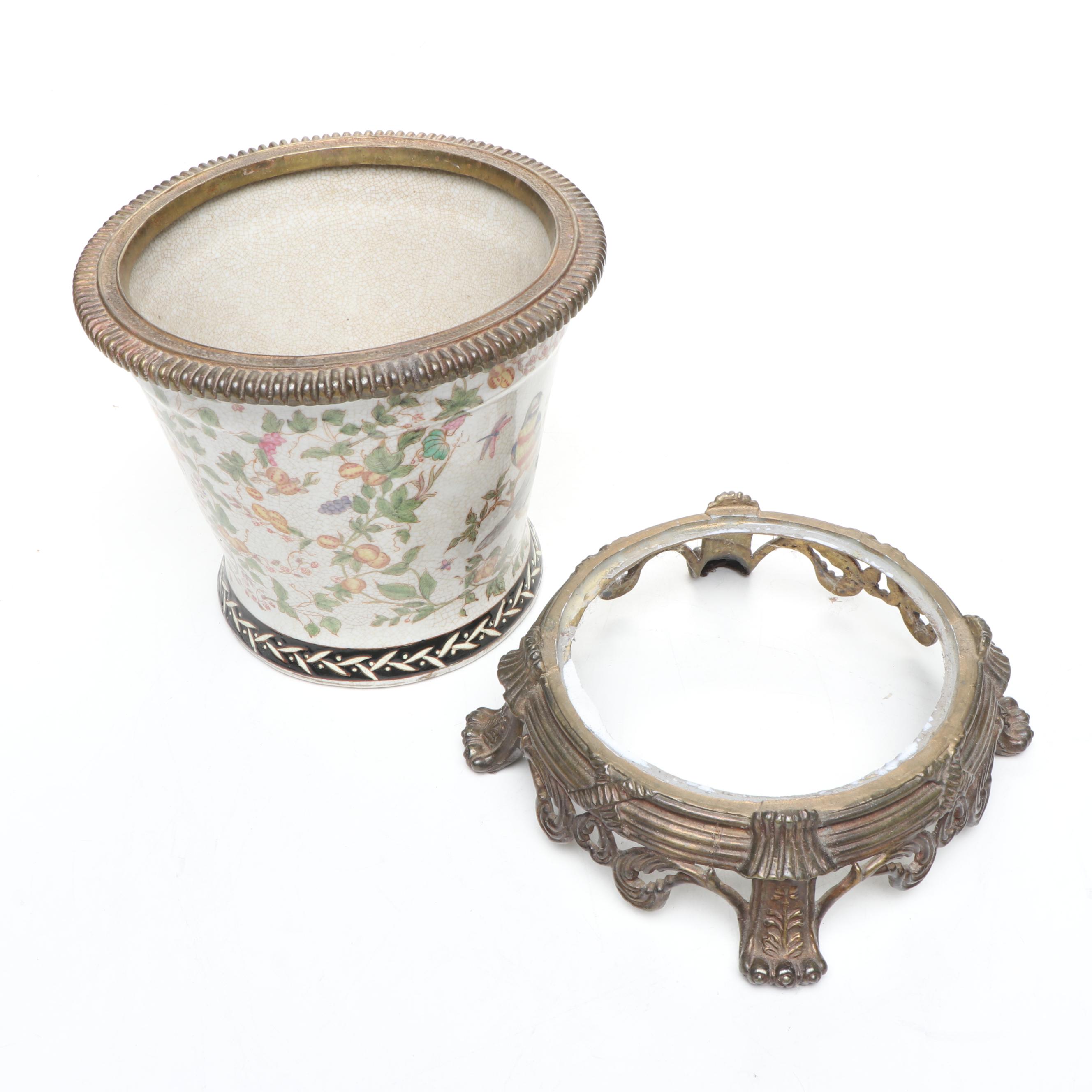 Chinese Ceramic Planters with Brass Rim and Stand