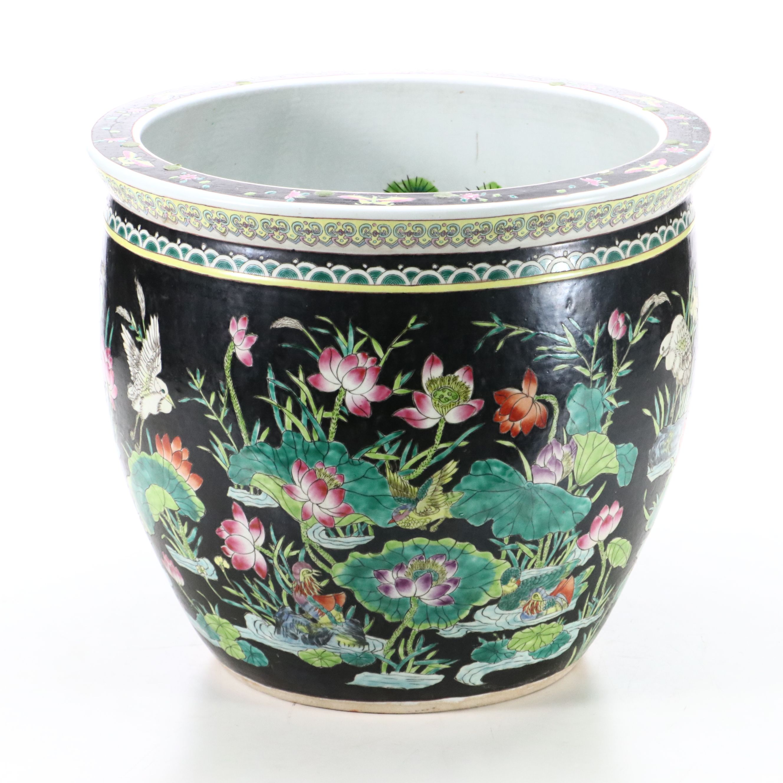 Famille Noire Chinese Porcelain Planter with Wooden Stand