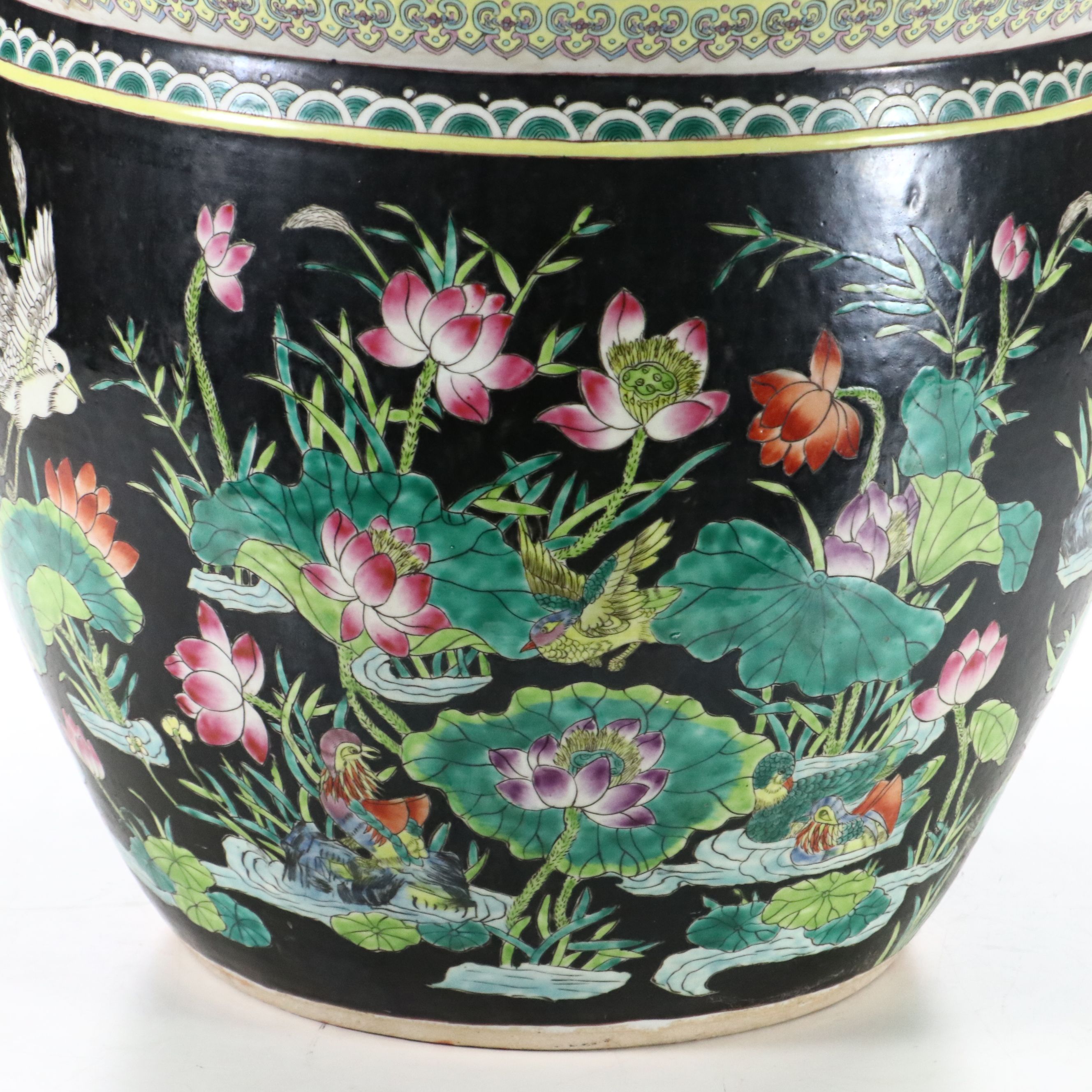 Famille Noire Chinese Porcelain Planter with Wooden Stand