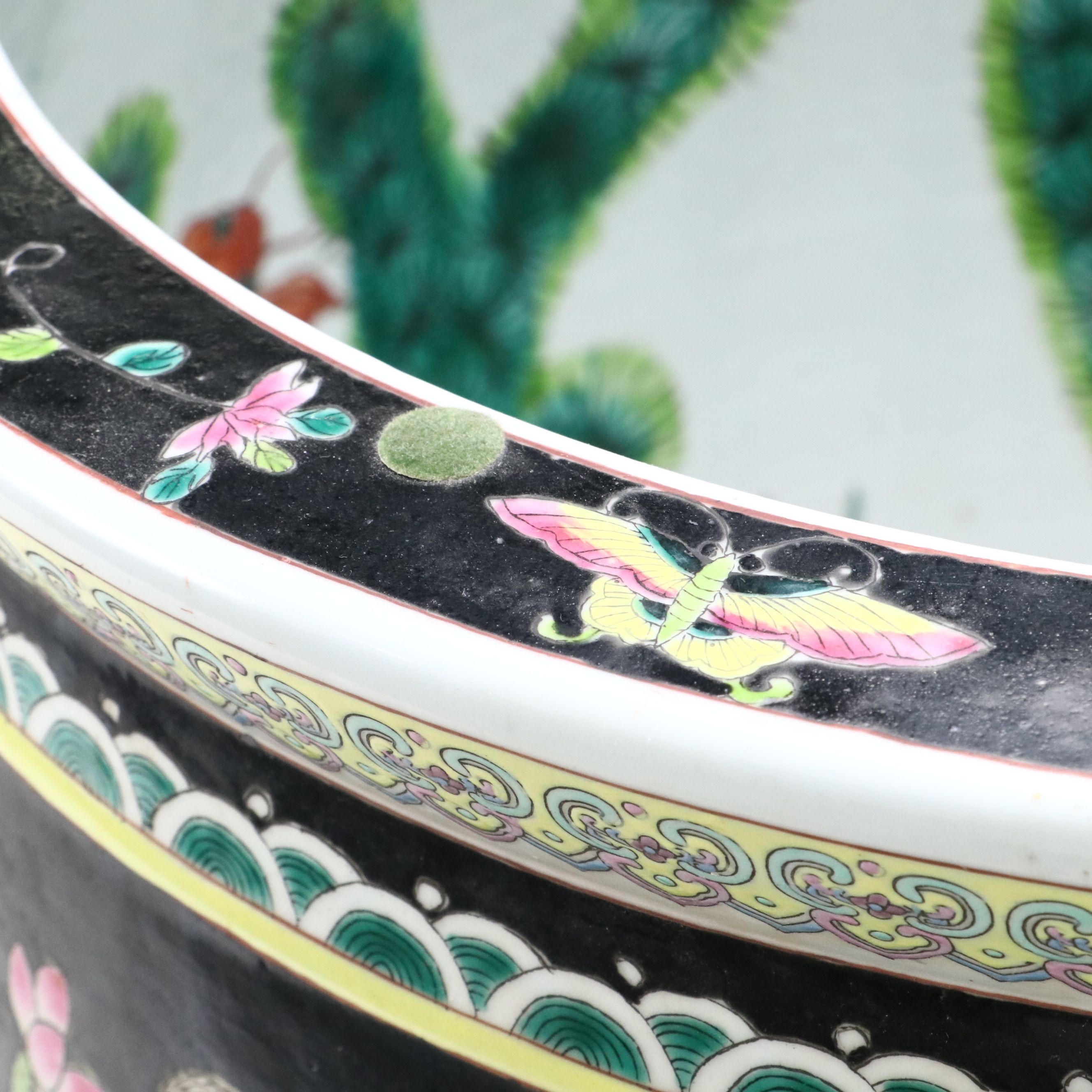Famille Noire Chinese Porcelain Planter with Wooden Stand