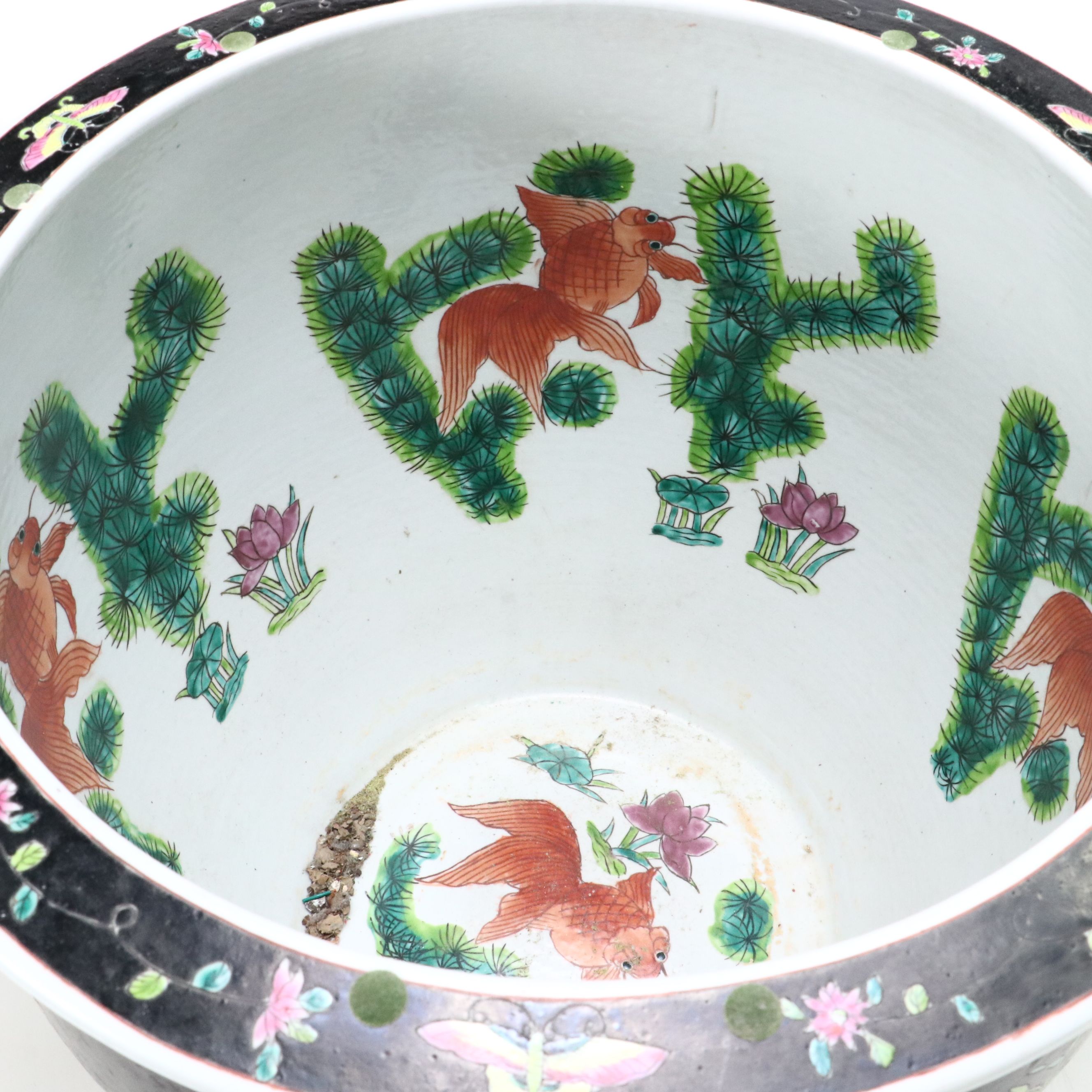 Famille Noire Chinese Porcelain Planter with Wooden Stand