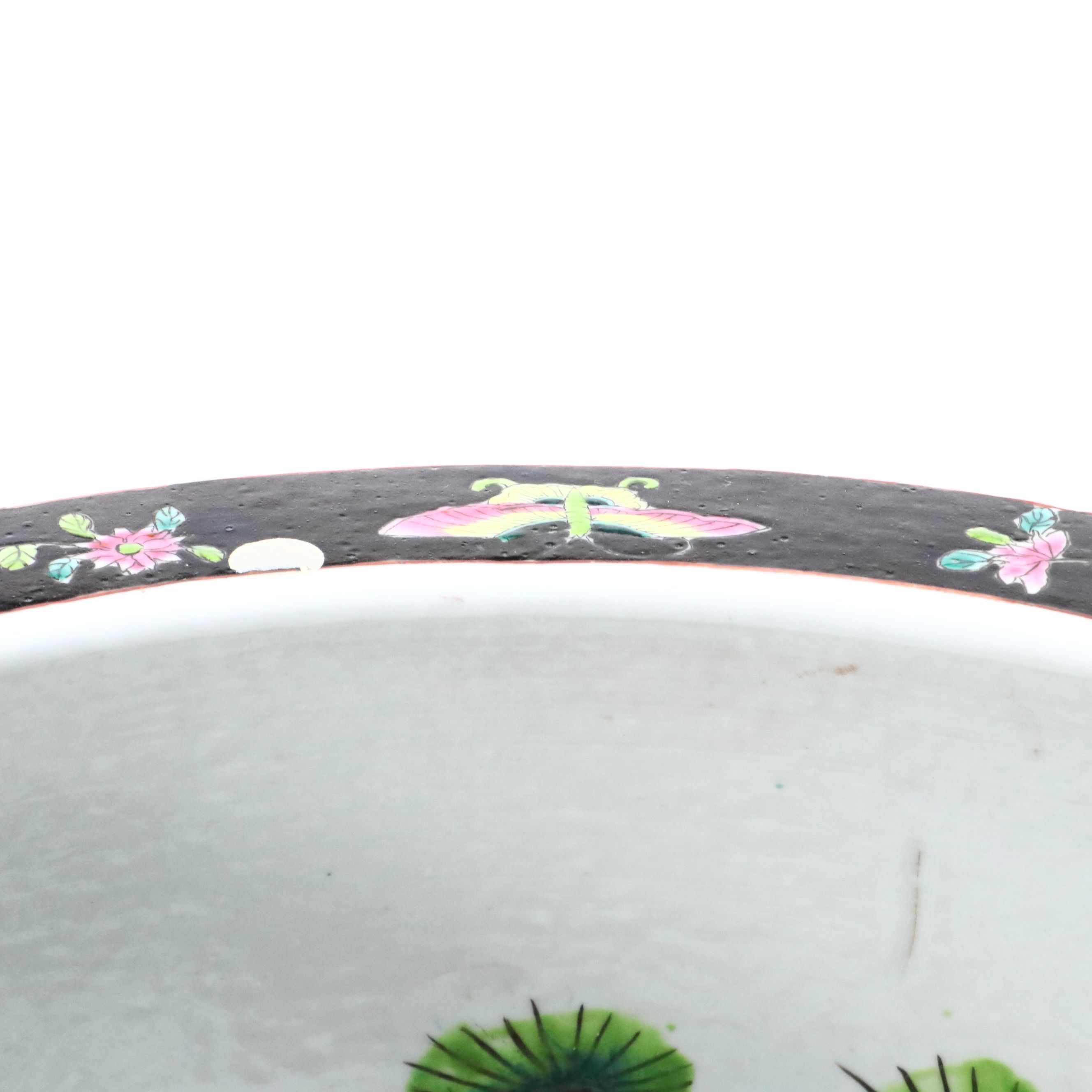 Famille Noire Chinese Porcelain Planter with Wooden Stand