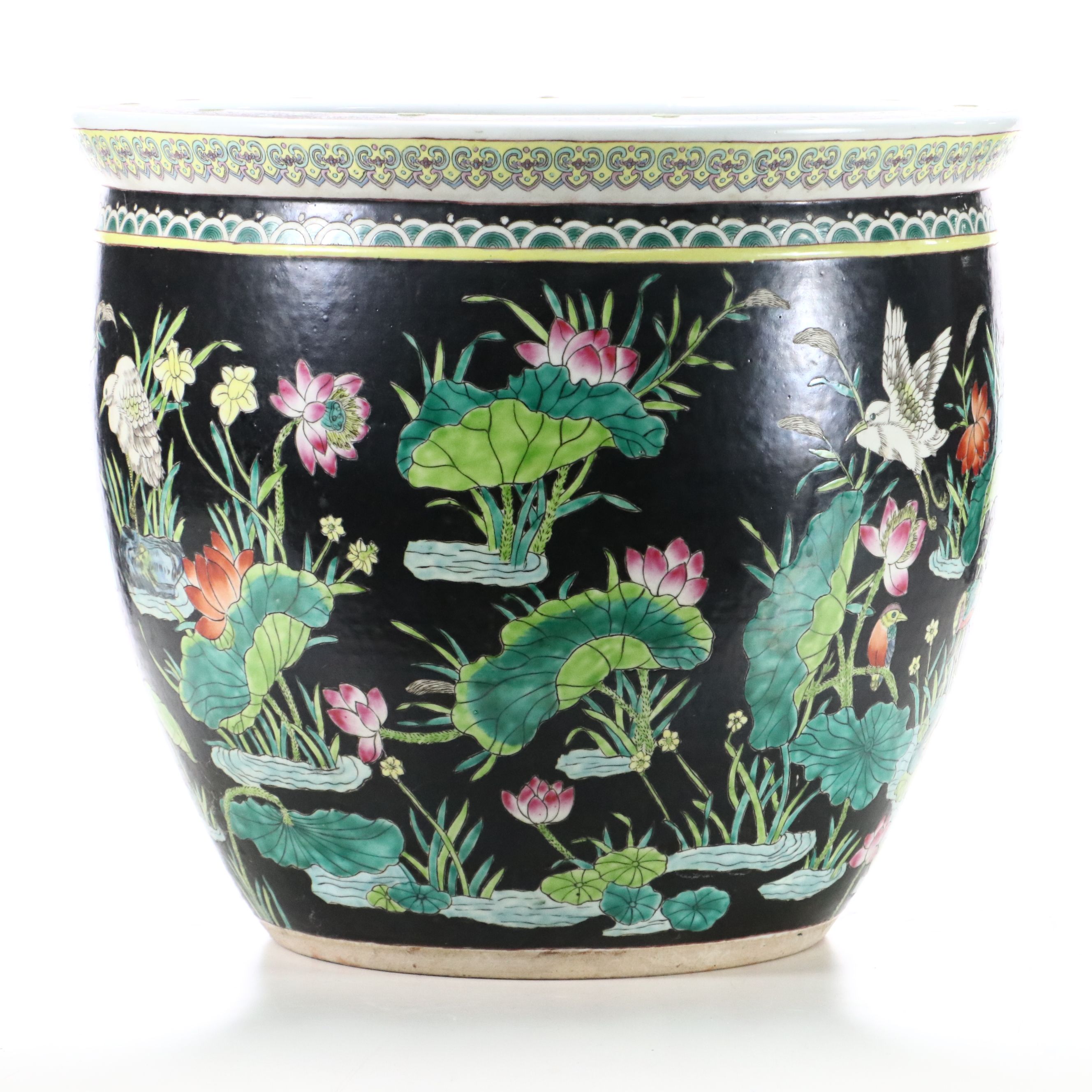 Famille Noire Chinese Porcelain Planter with Wooden Stand