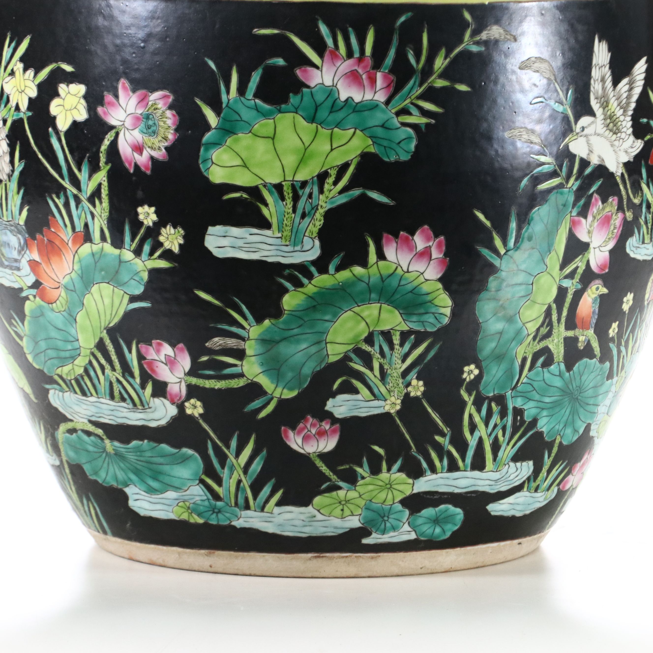 Famille Noire Chinese Porcelain Planter with Wooden Stand