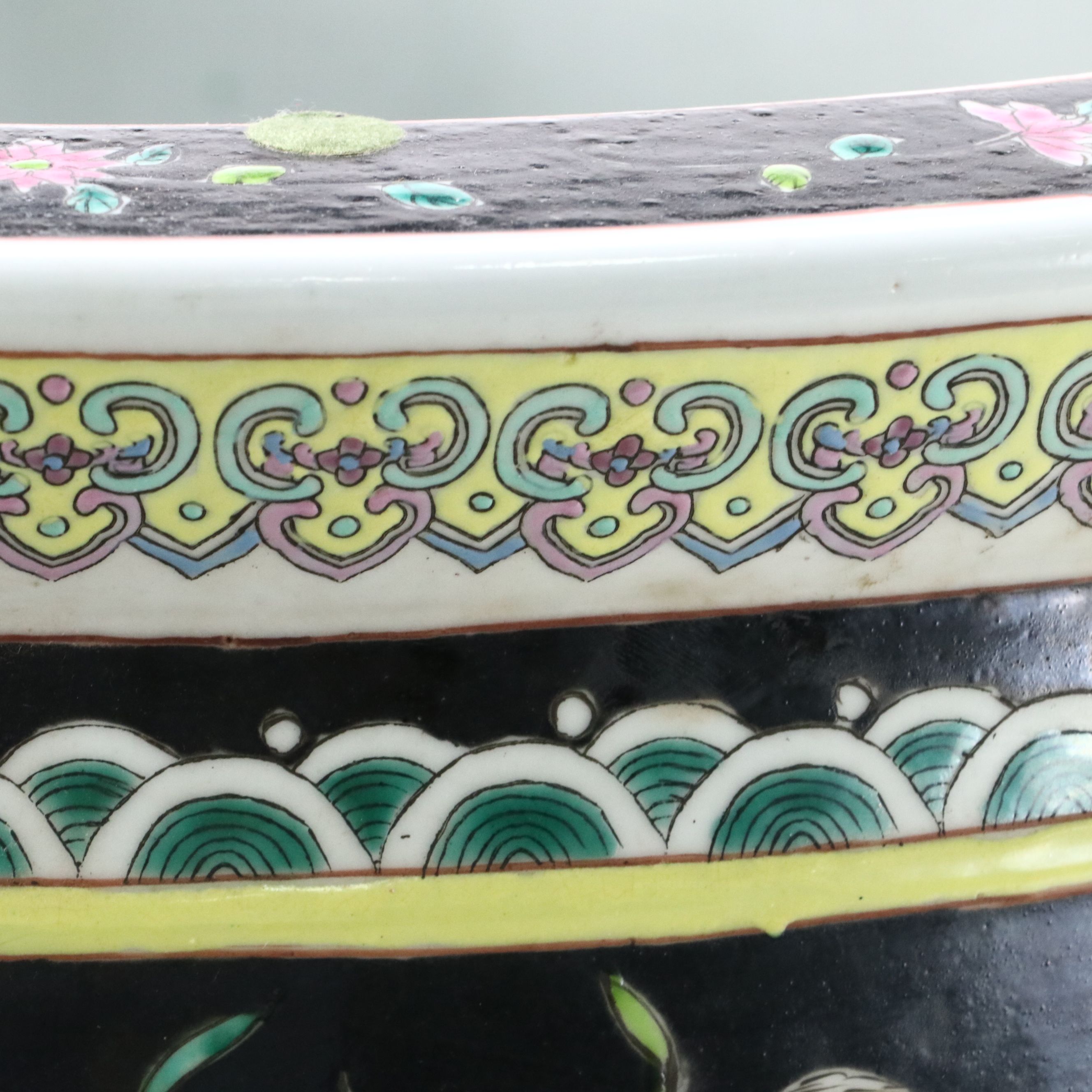 Famille Noire Chinese Porcelain Planter with Wooden Stand