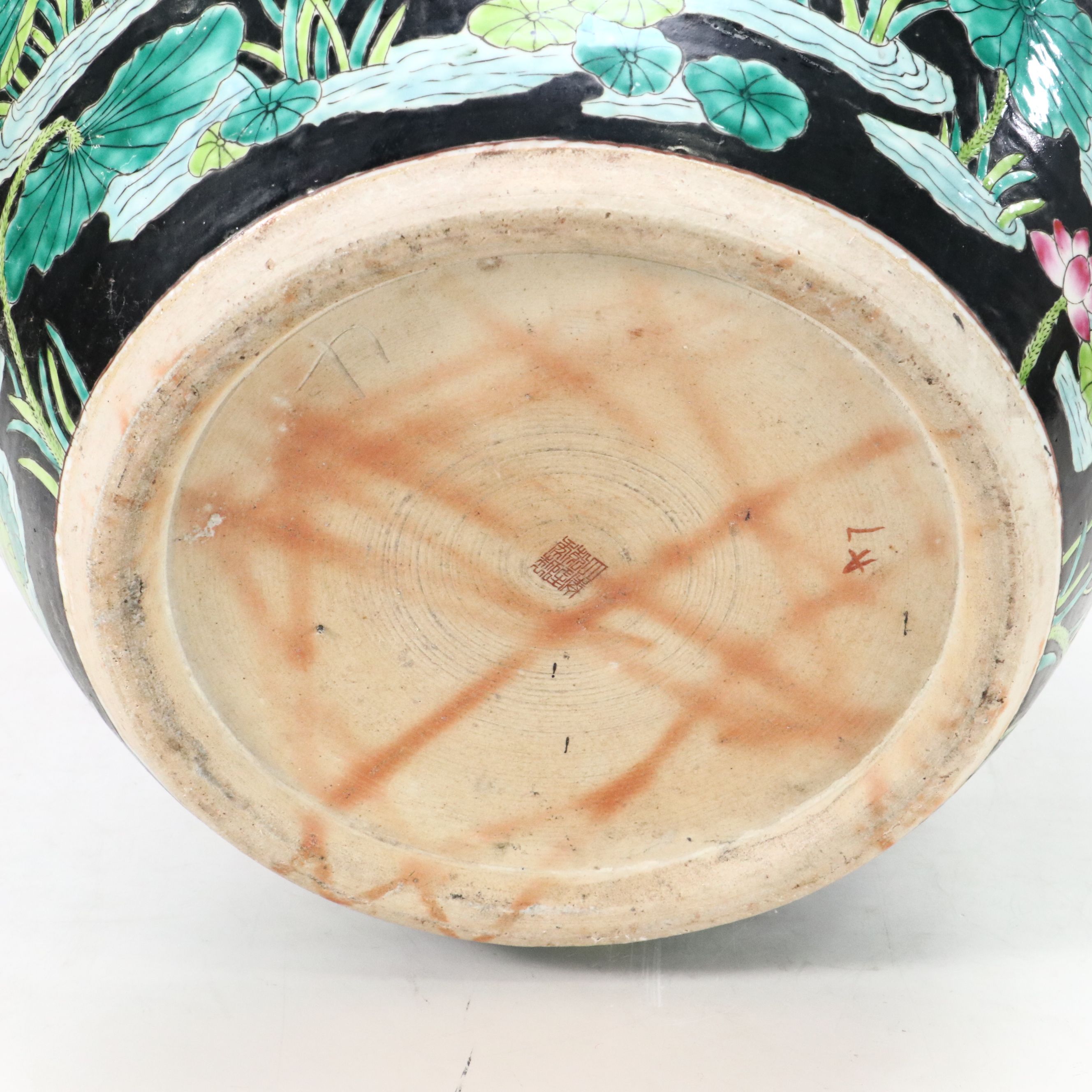 Famille Noire Chinese Porcelain Planter with Wooden Stand