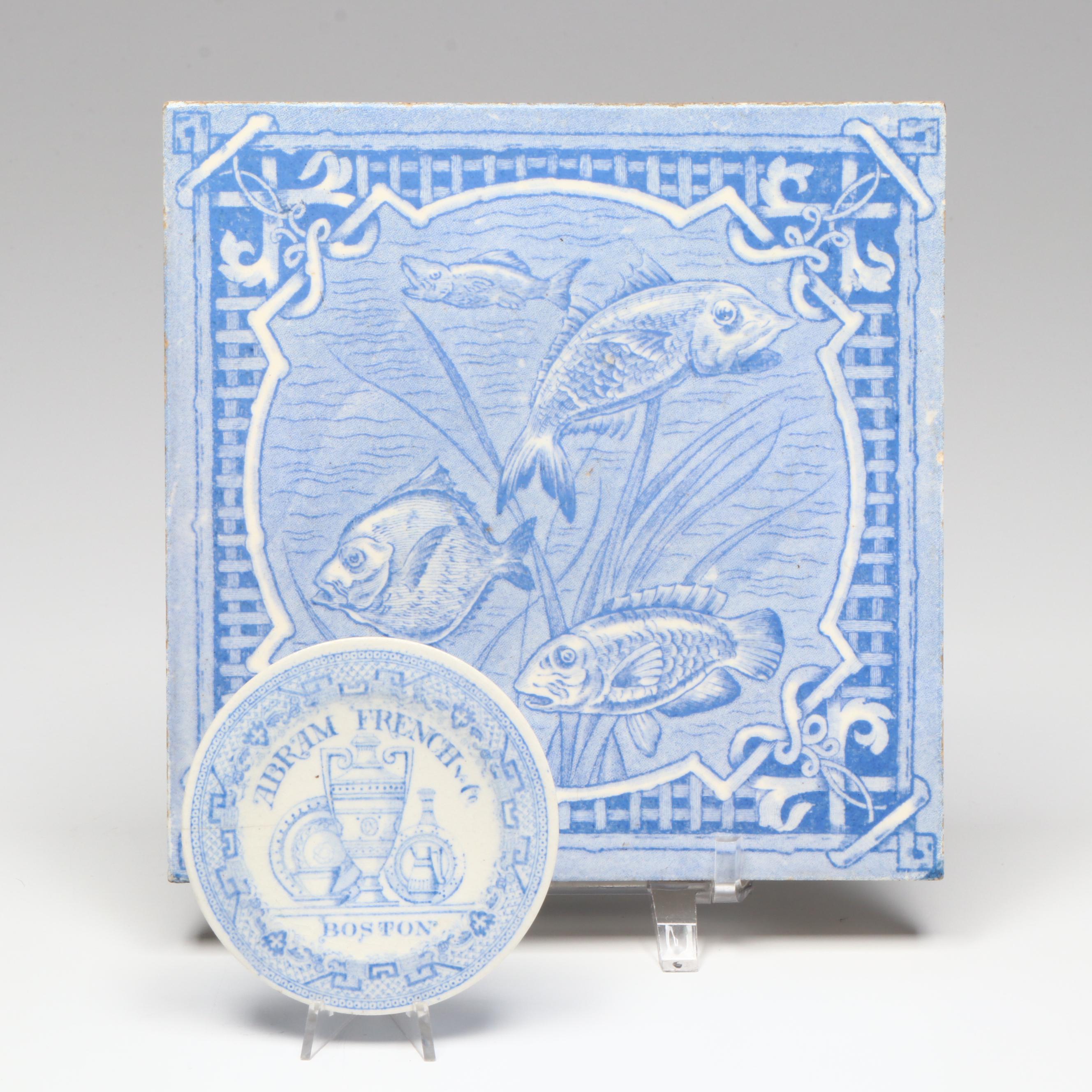 Abram French & Co. Miniature Advertising Plate with Aquatic Transferware Tile