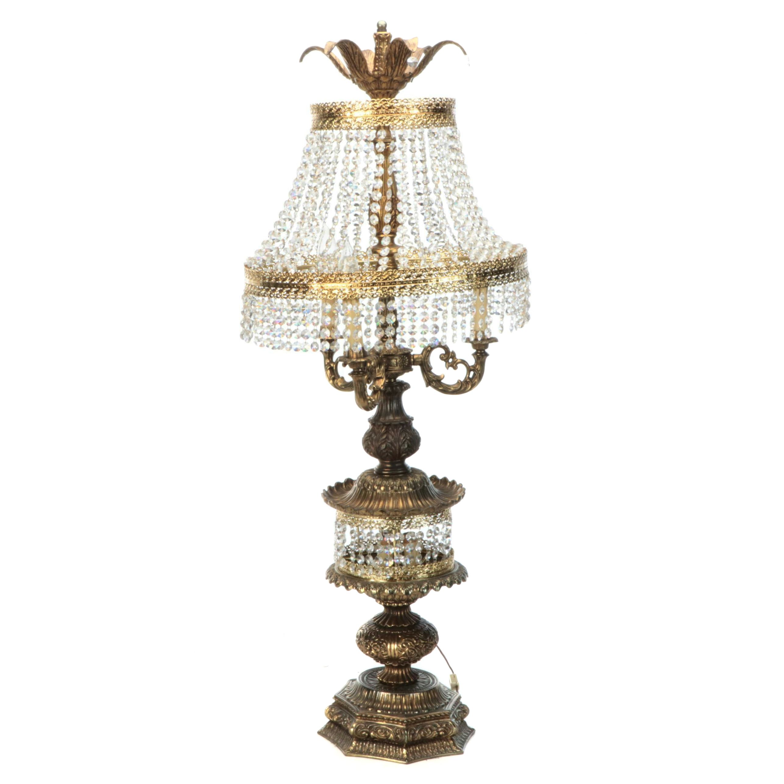 Hollywood Regency Brass and Waterfall Crystal Table Lamp