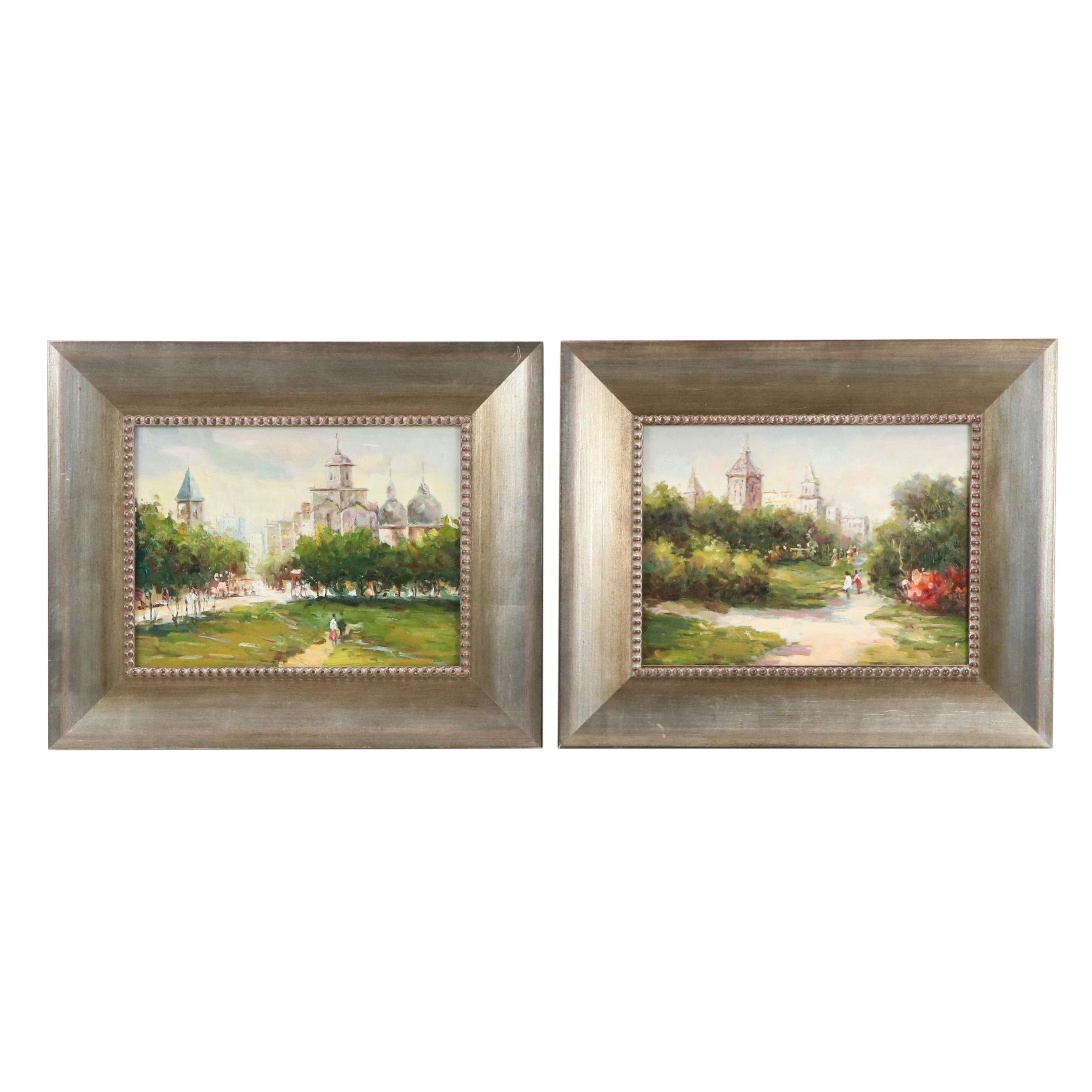 Impressionist Style Oil Landscape Paintings of Figures in Parks, 21st Century