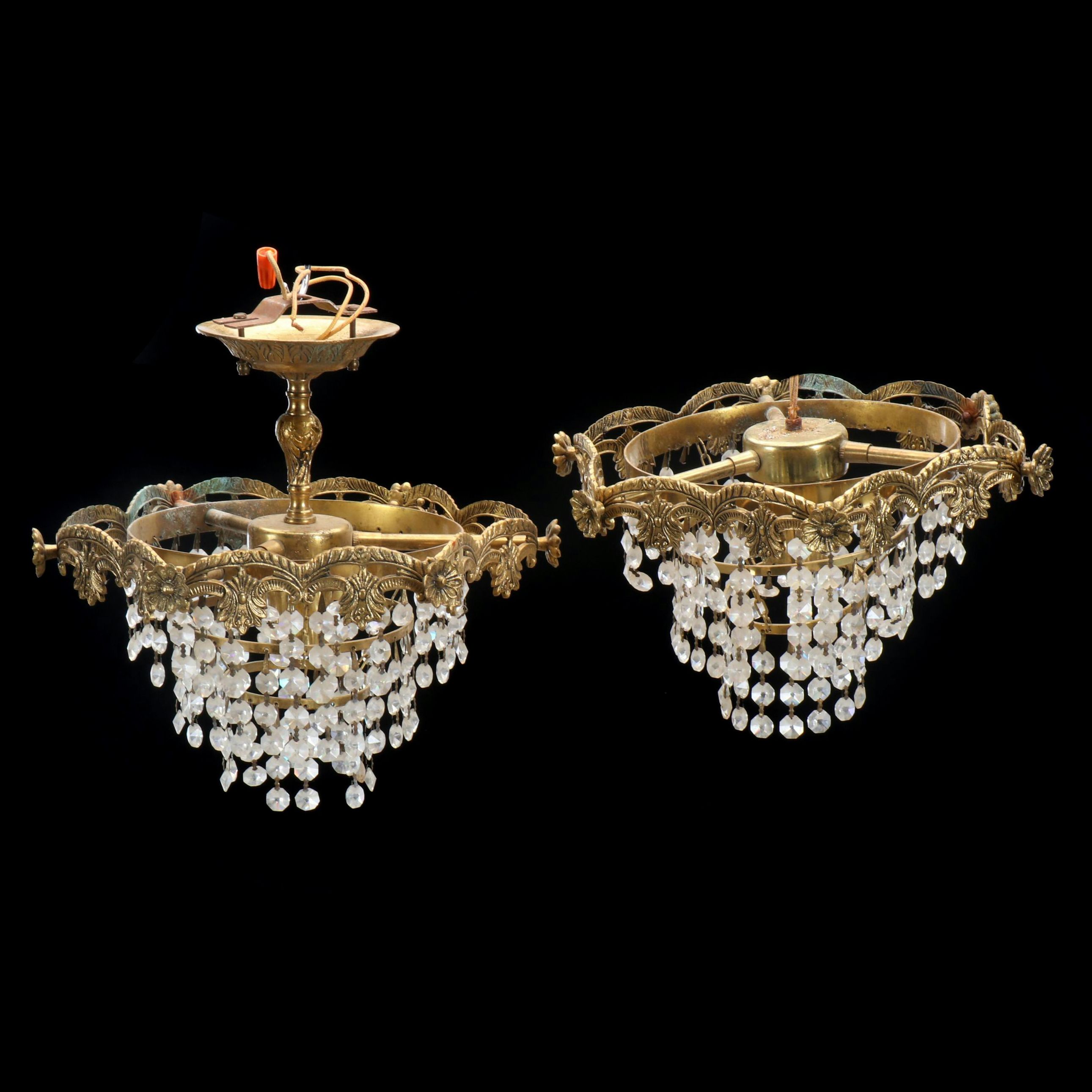 Pair of Cast Brass and Crystal Bead Wedding Cake Pendant Lights