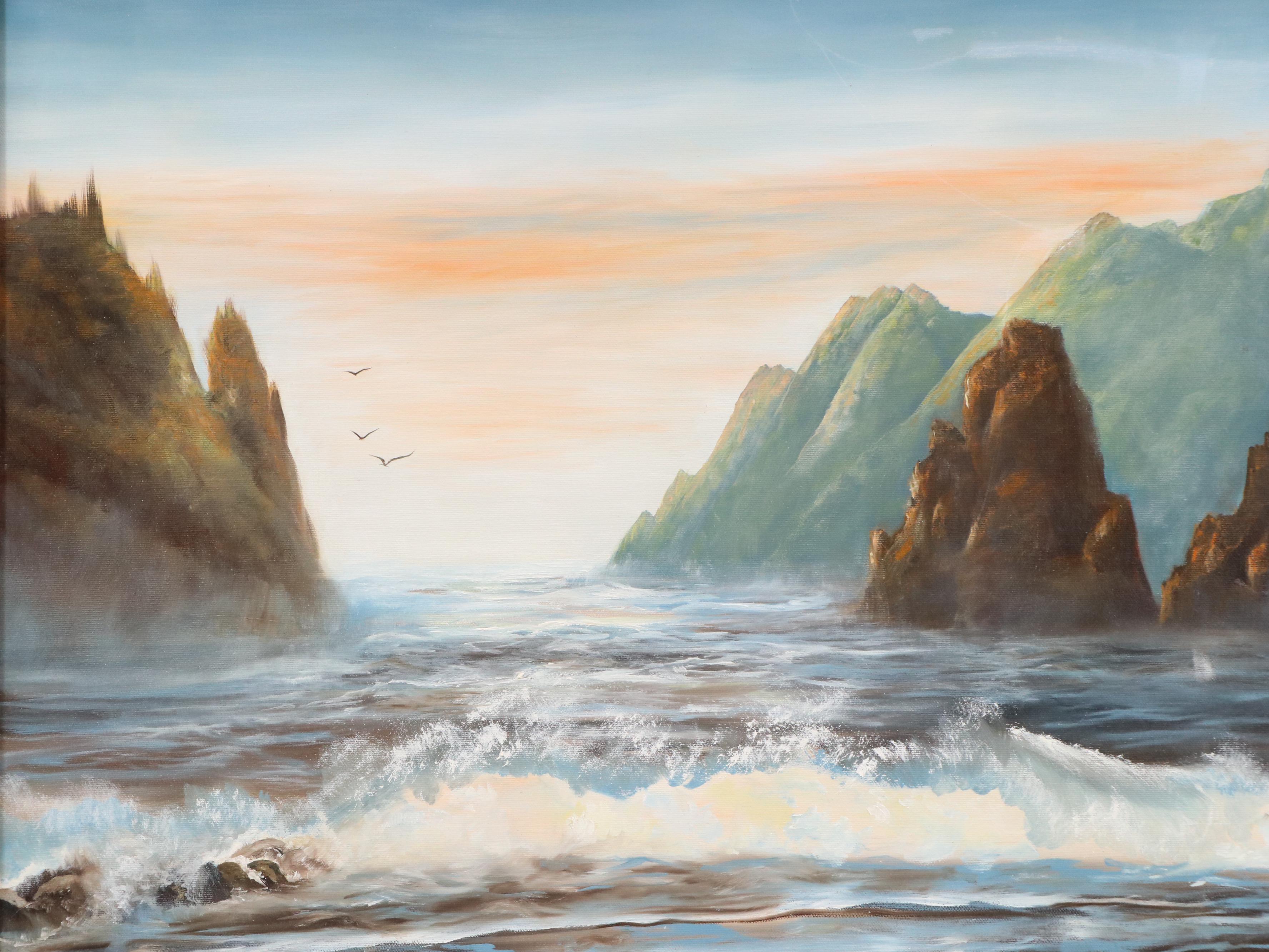 Helen Bennion Oil Painting of Seascape with Rocky Shore, Circa Late 20th Century