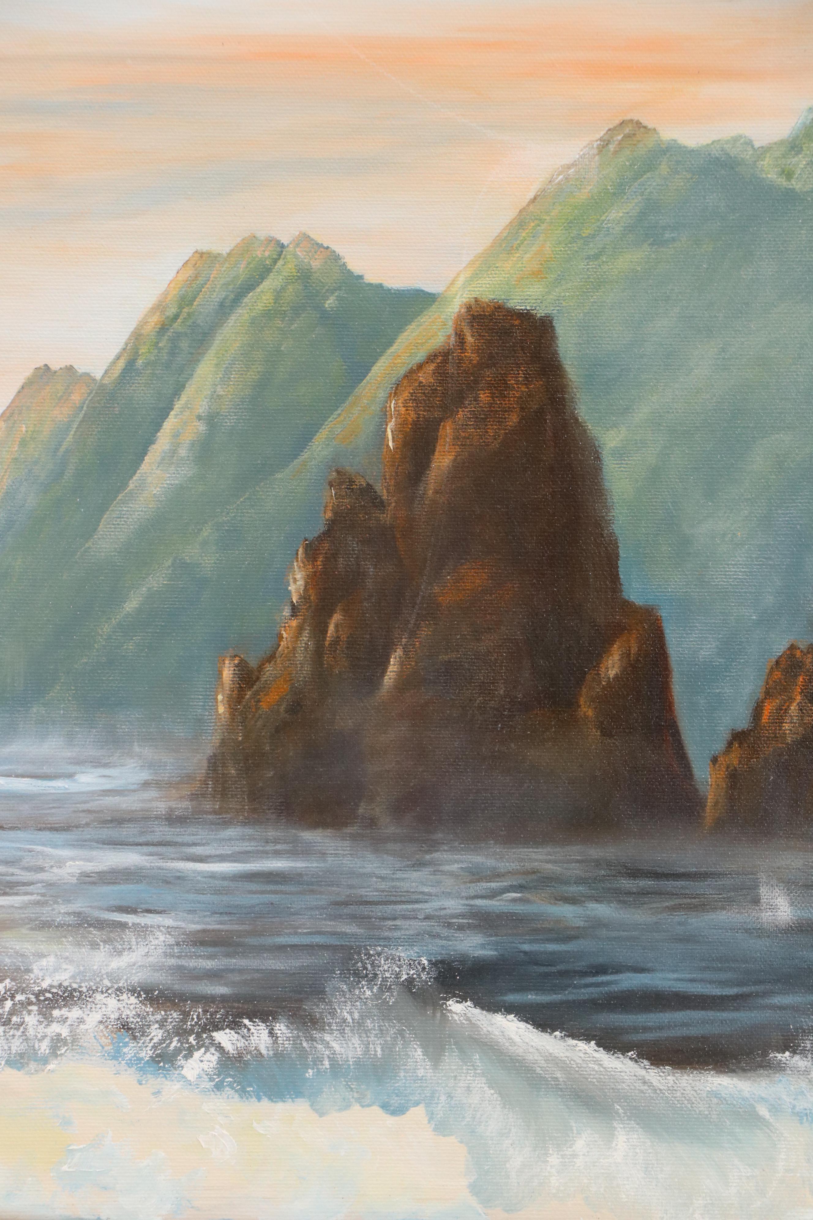 Helen Bennion Oil Painting of Seascape with Rocky Shore, Circa Late 20th Century