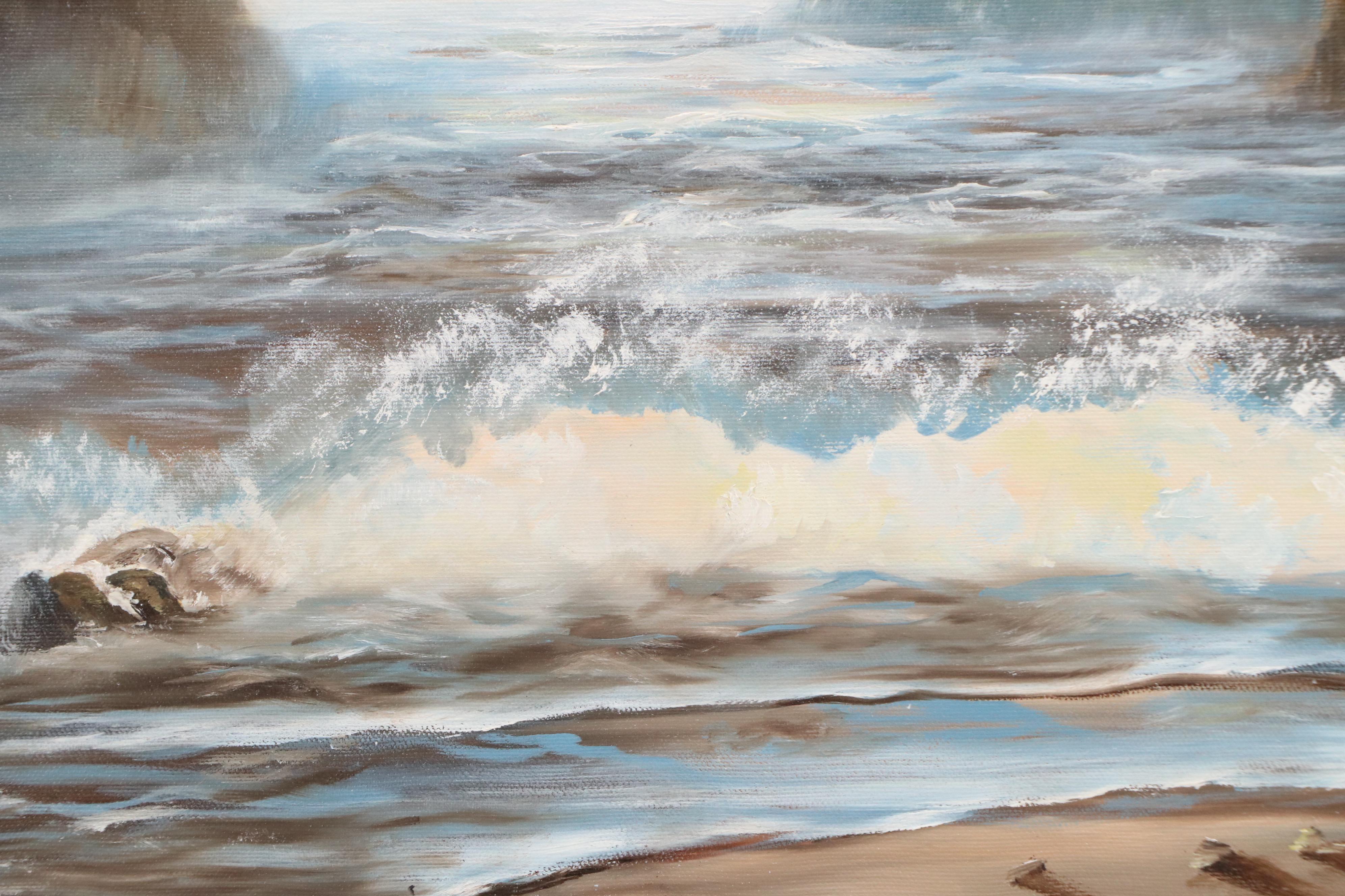 Helen Bennion Oil Painting of Seascape with Rocky Shore, Circa Late 20th Century