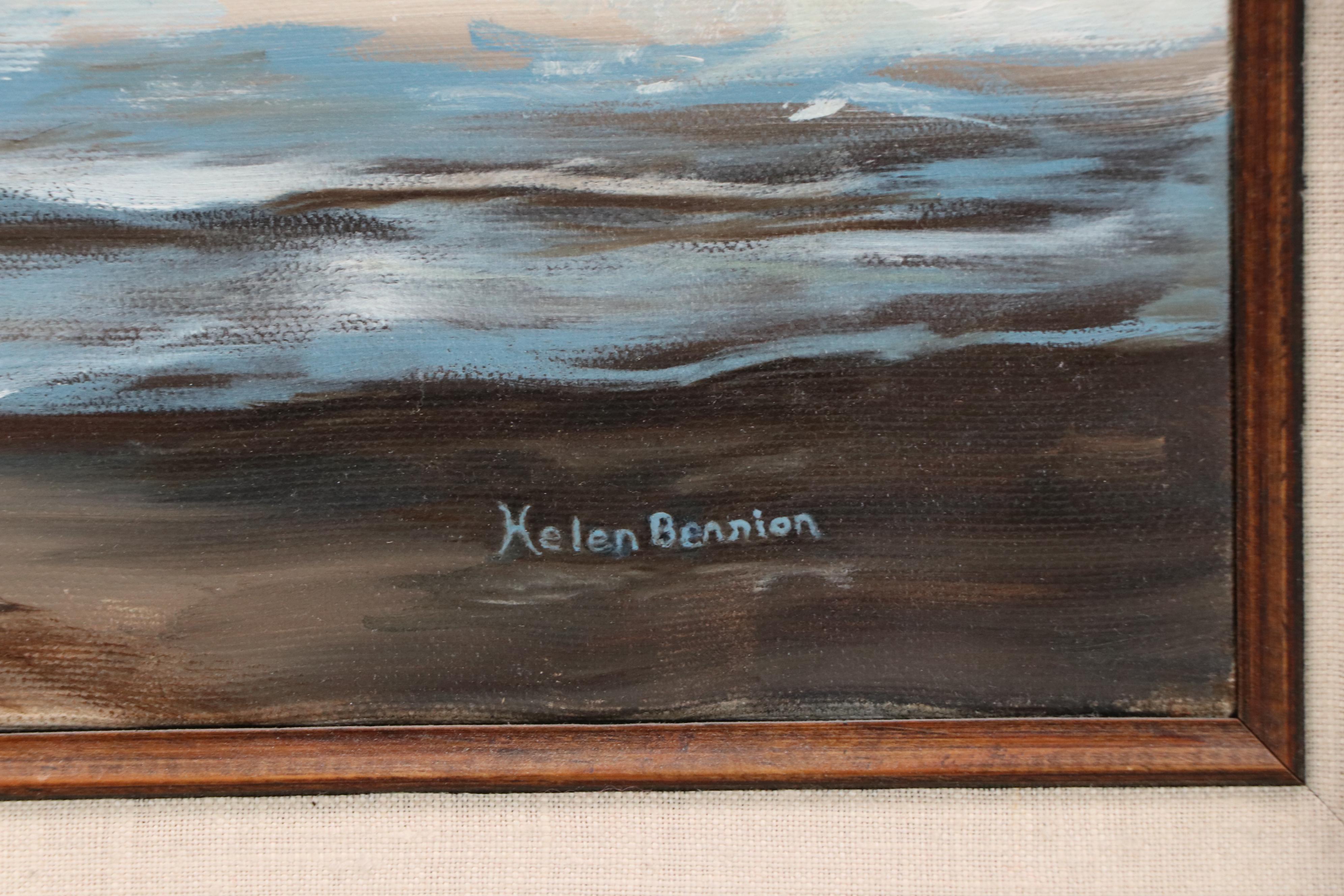 Helen Bennion Oil Painting of Seascape with Rocky Shore, Circa Late 20th Century