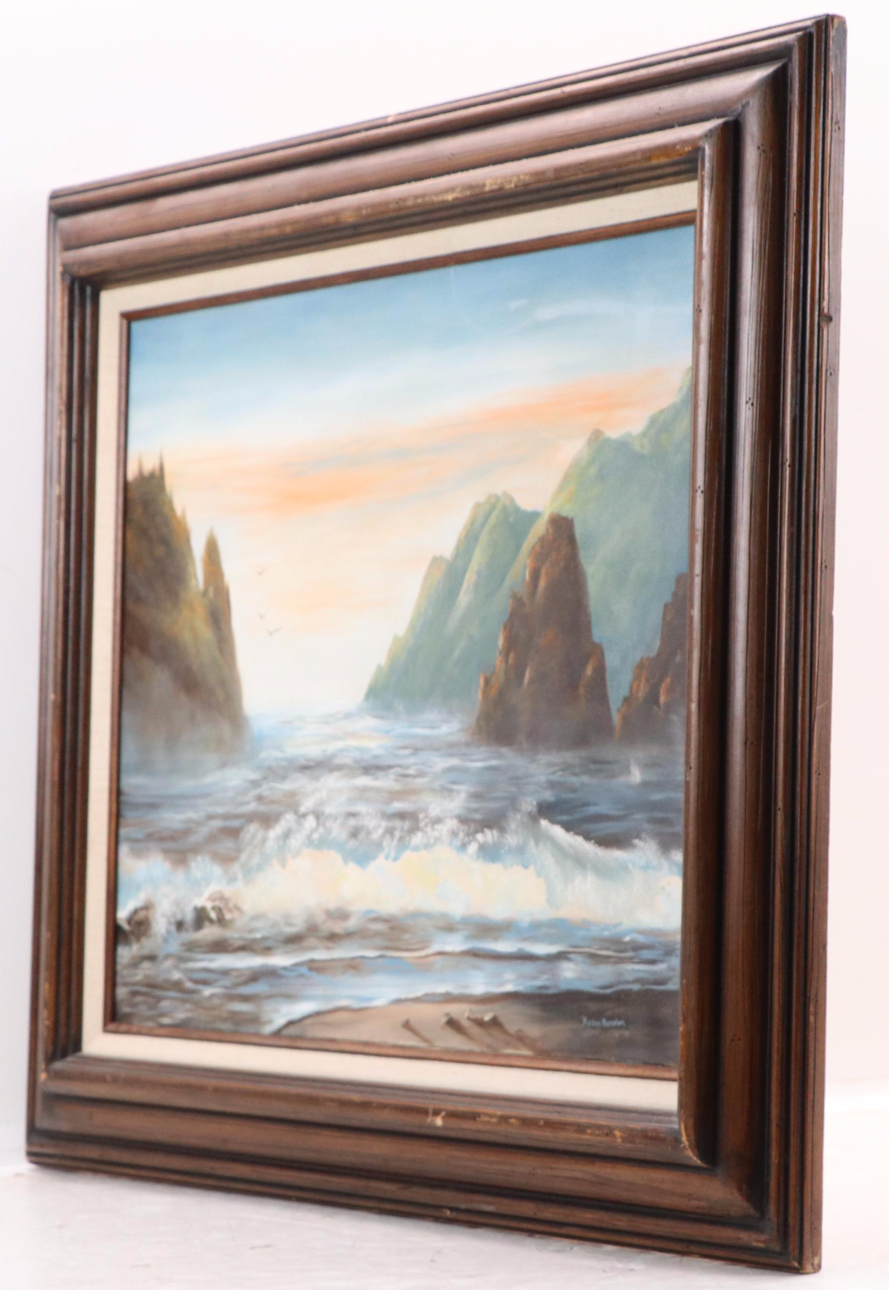 Helen Bennion Oil Painting of Seascape with Rocky Shore, Circa Late 20th Century