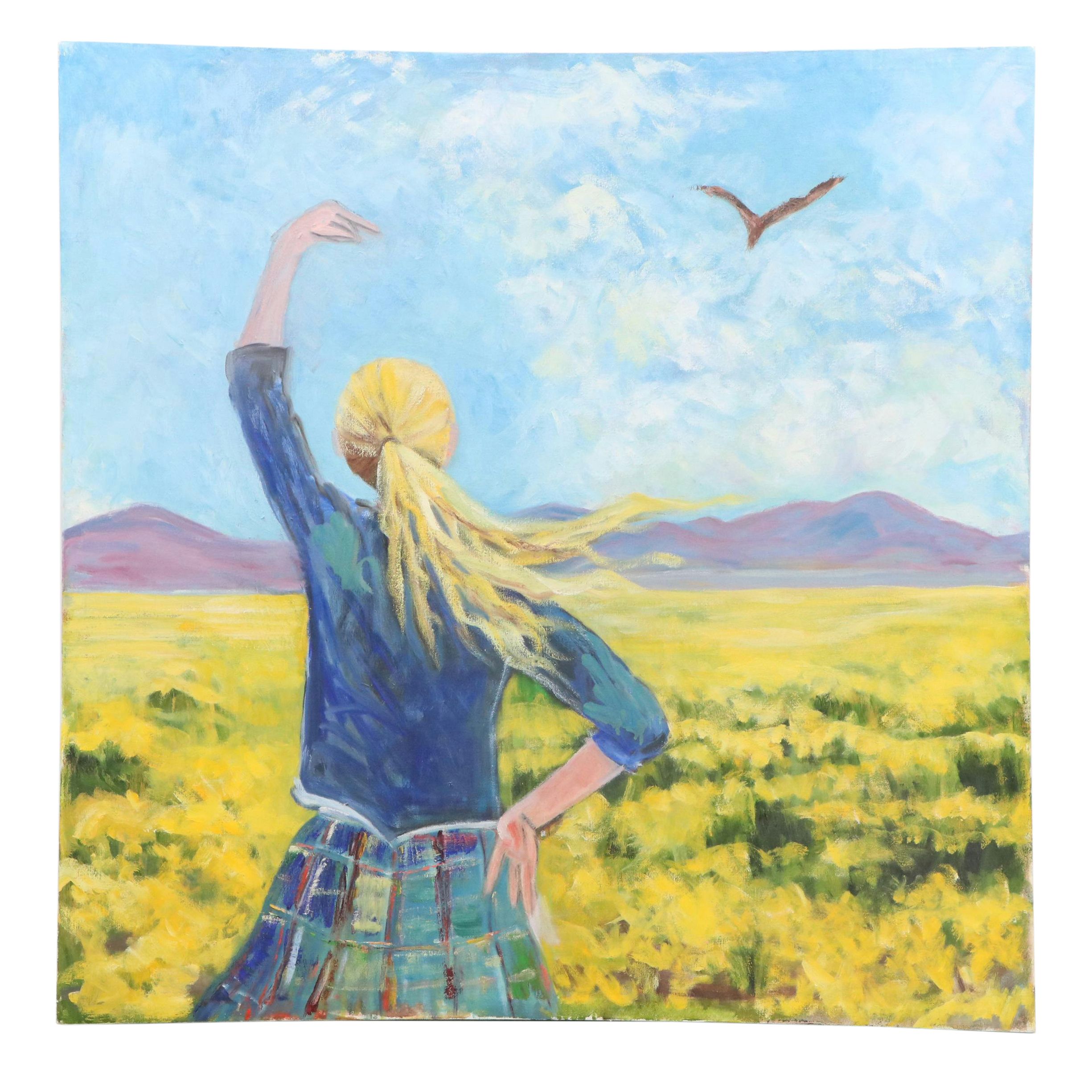 S. Day Oil Painting of Girl in Field of Yellow Flowers, Late 20th/21st Century