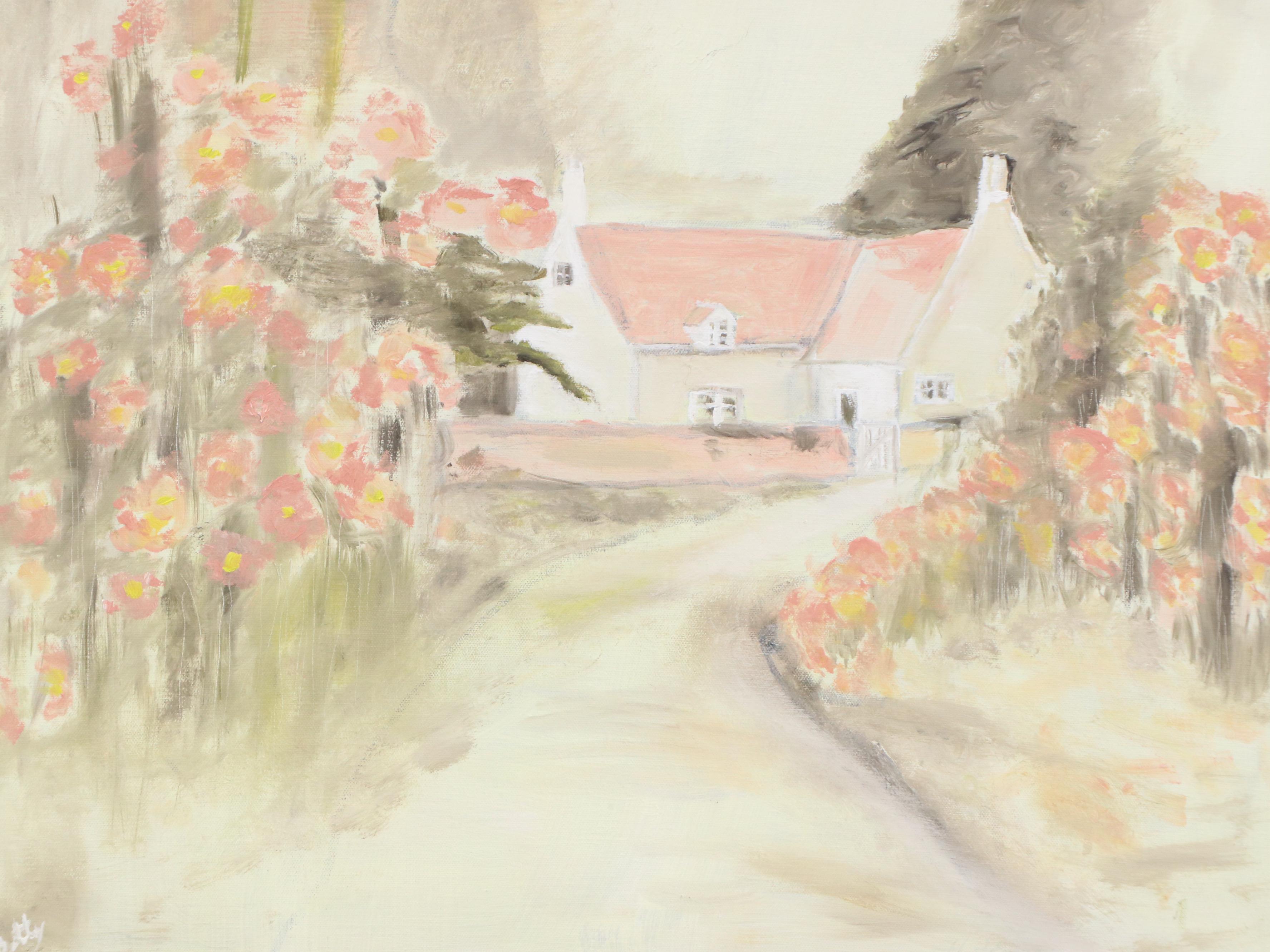 Oil Painting of Cottage in Landscape "Flower Garden," 1991