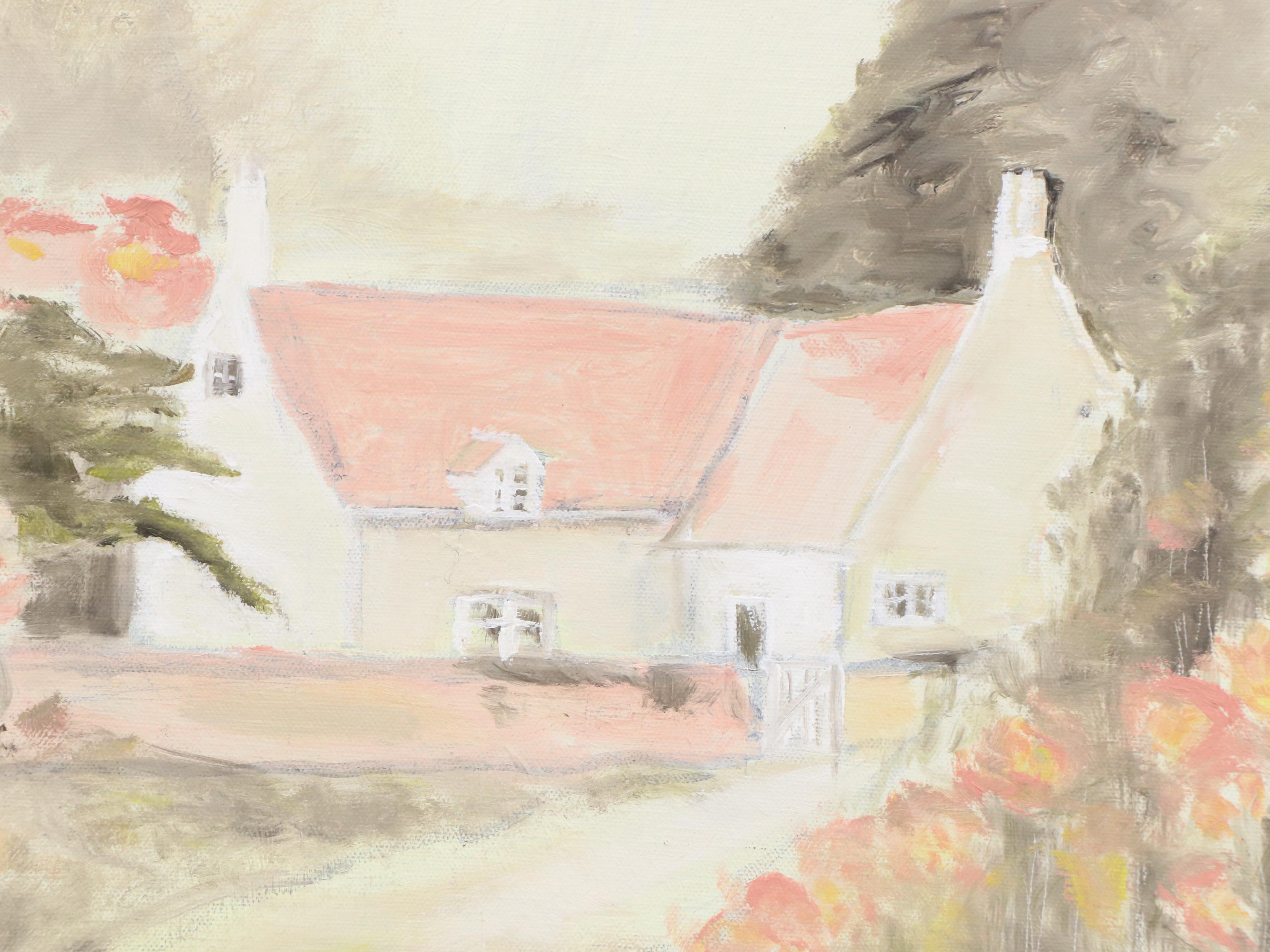 Oil Painting of Cottage in Landscape "Flower Garden," 1991