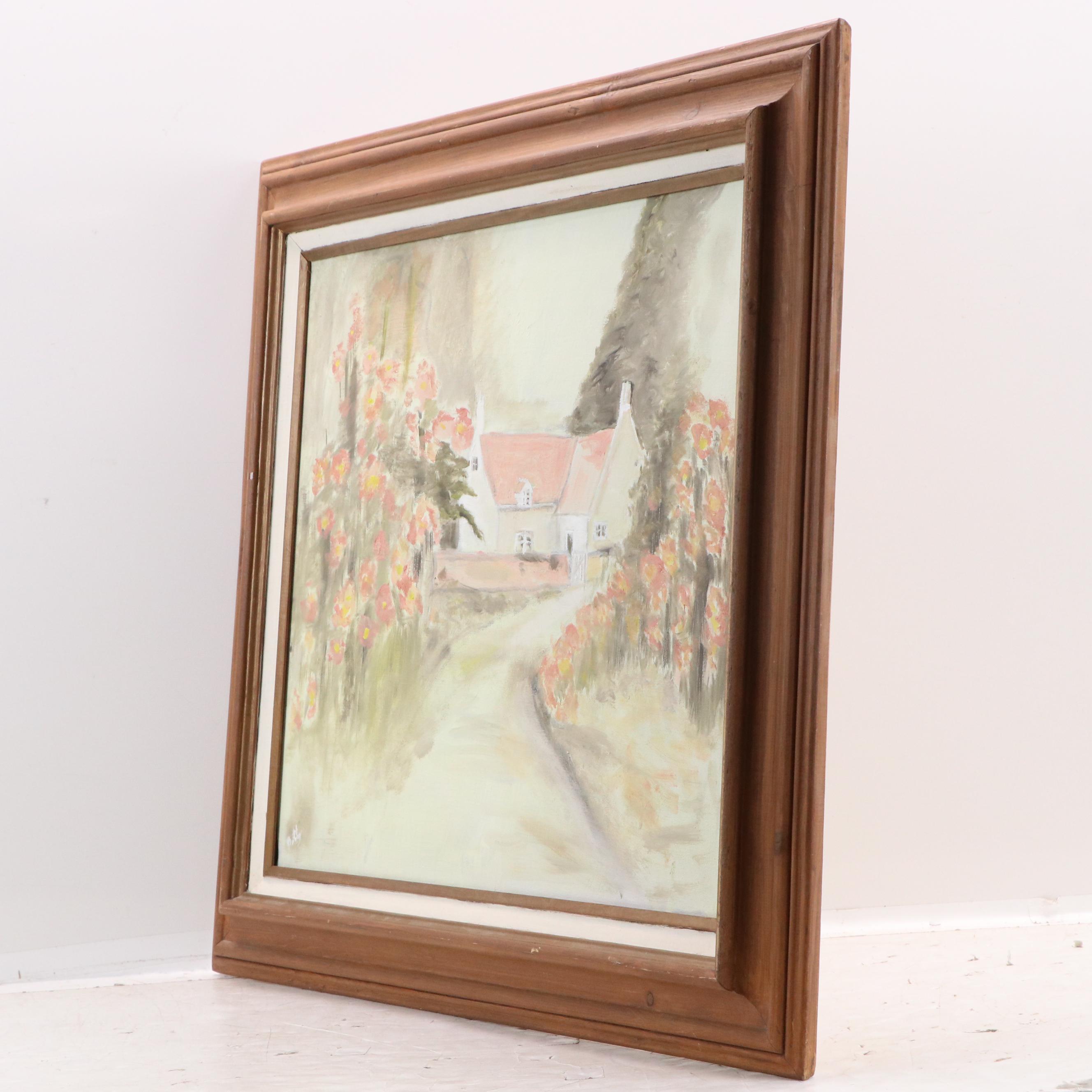 Oil Painting of Cottage in Landscape "Flower Garden," 1991