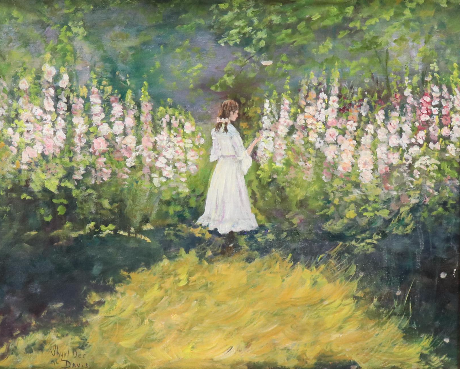Impressionistic Style Oil Painting of Woman in Floral Landscape, 1996