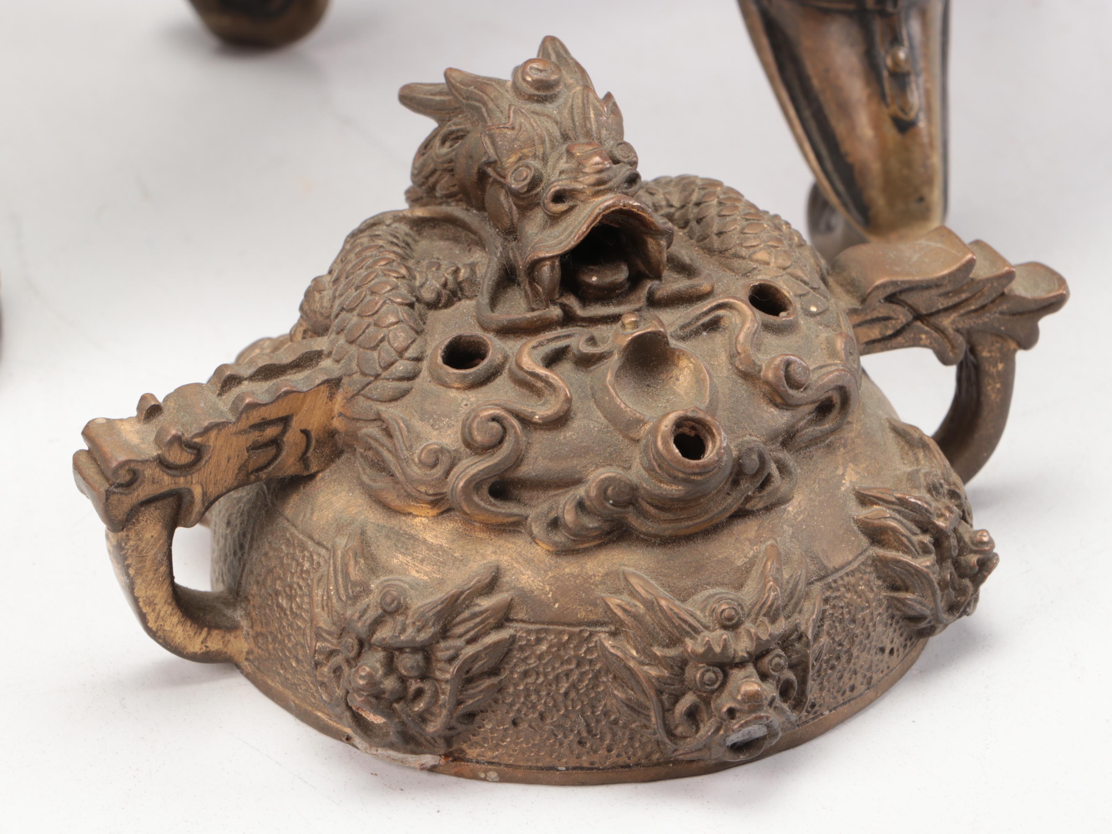 Chinese Brass Buddha Figure with Censers and Dragon Censer Lid